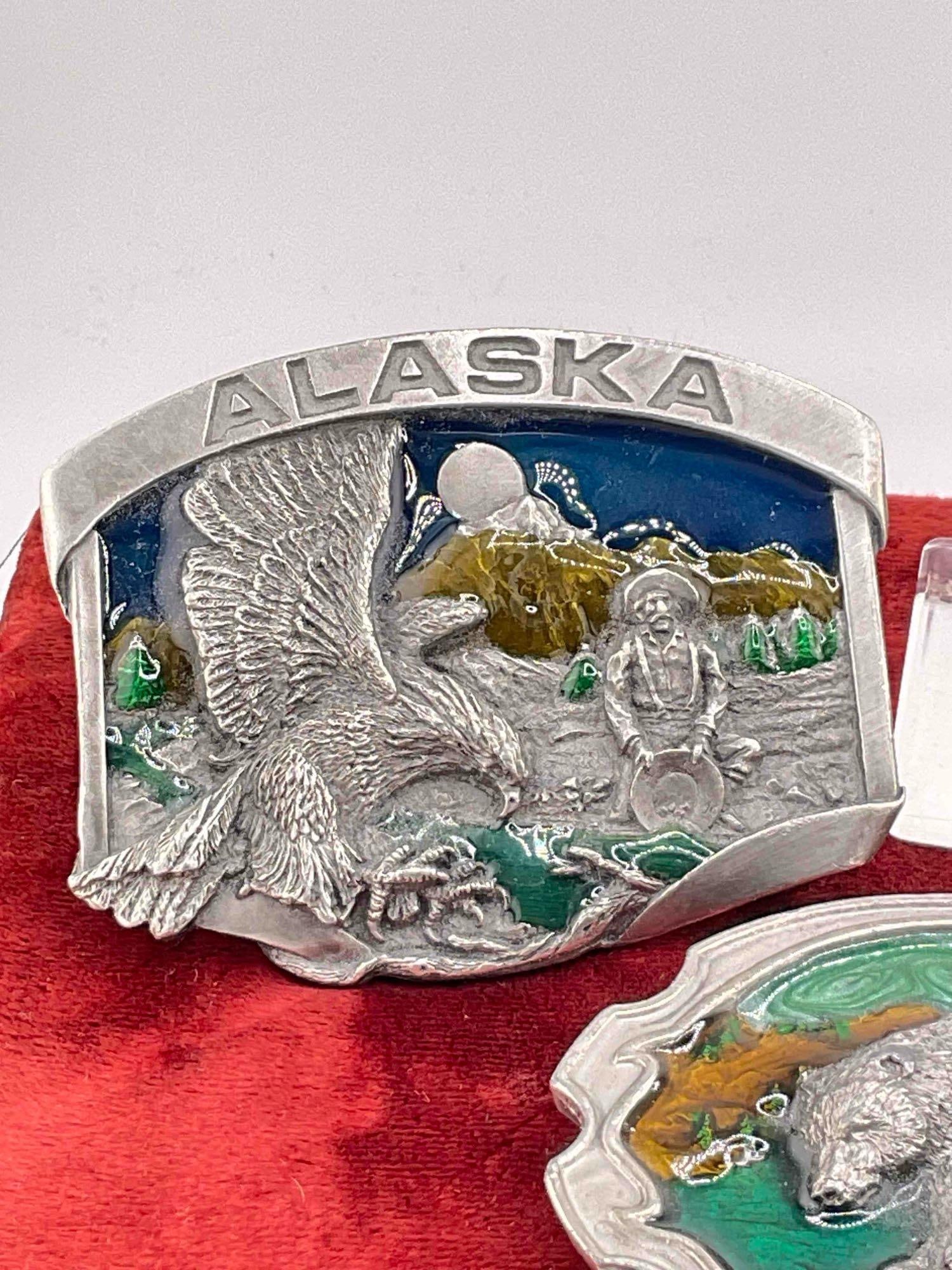 3x Siskiyou pewter & enamel belt buckles, Grizzly Bear, Eagle, Eagle w/ Gold miner - 2