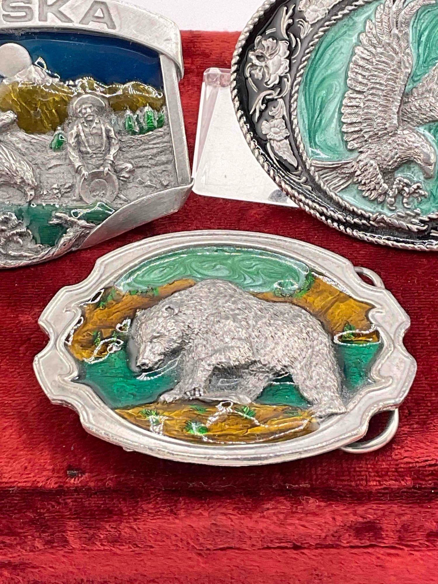 3x Siskiyou pewter & enamel belt buckles, Grizzly Bear, Eagle, Eagle w/ Gold miner - 3
