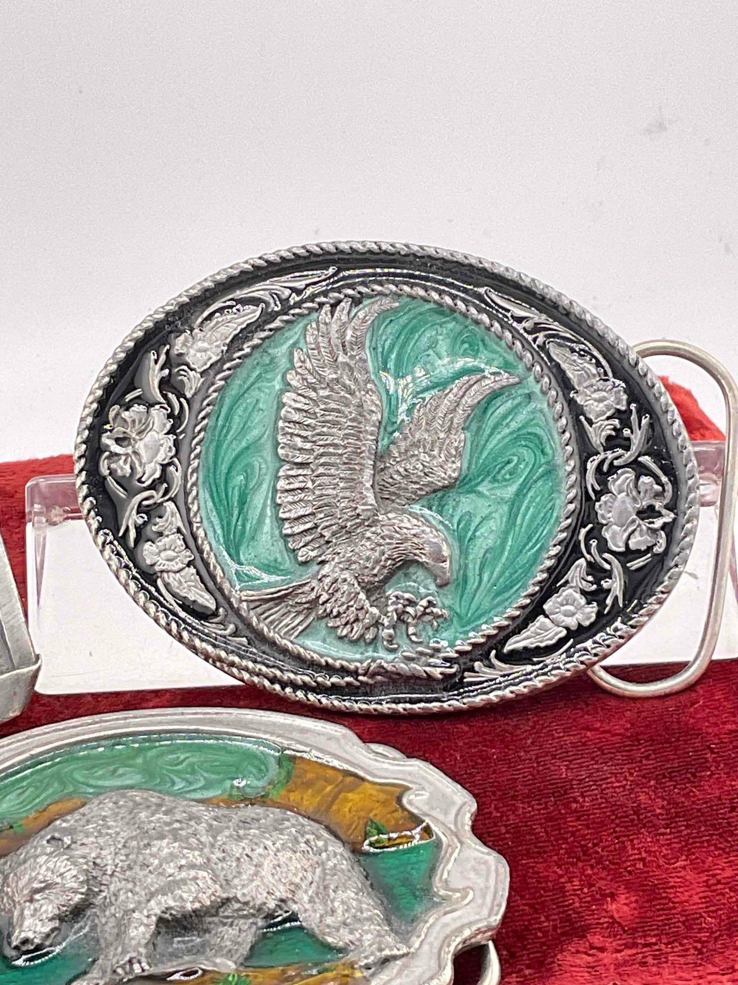 3x Siskiyou pewter & enamel belt buckles, Grizzly Bear, Eagle, Eagle w/ Gold miner - 4