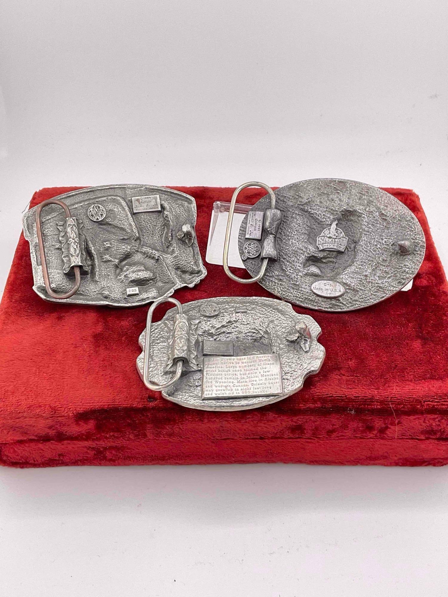 3x Siskiyou pewter & enamel belt buckles, Grizzly Bear, Eagle, Eagle w/ Gold miner - 5