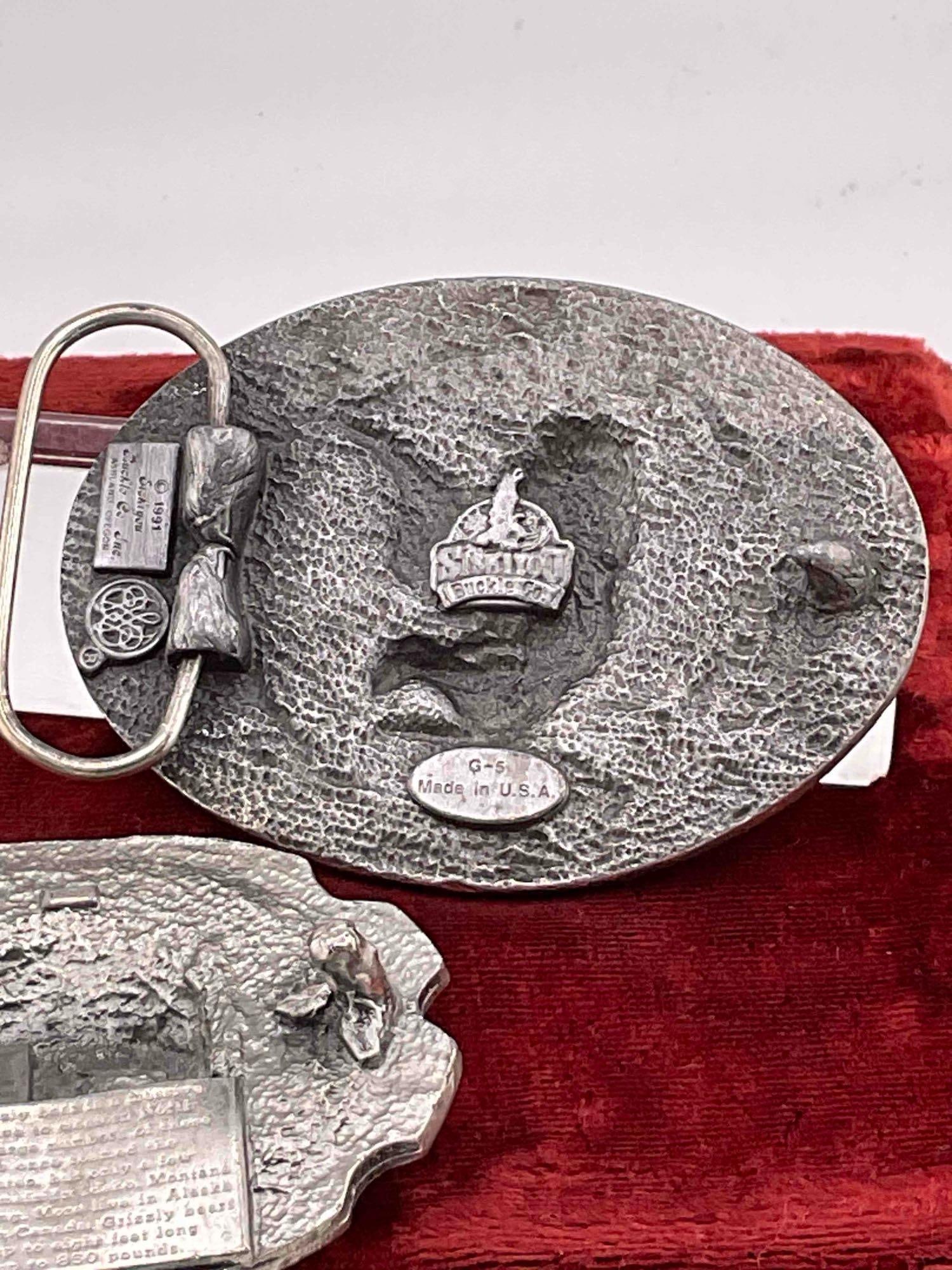 3x Siskiyou pewter & enamel belt buckles, Grizzly Bear, Eagle, Eagle w/ Gold miner - 6