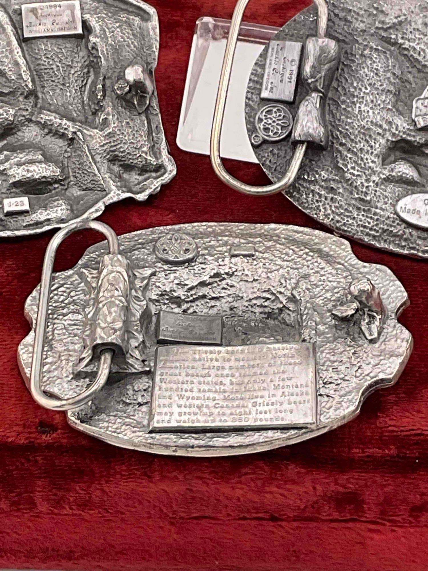 3x Siskiyou pewter & enamel belt buckles, Grizzly Bear, Eagle, Eagle w/ Gold miner - 7