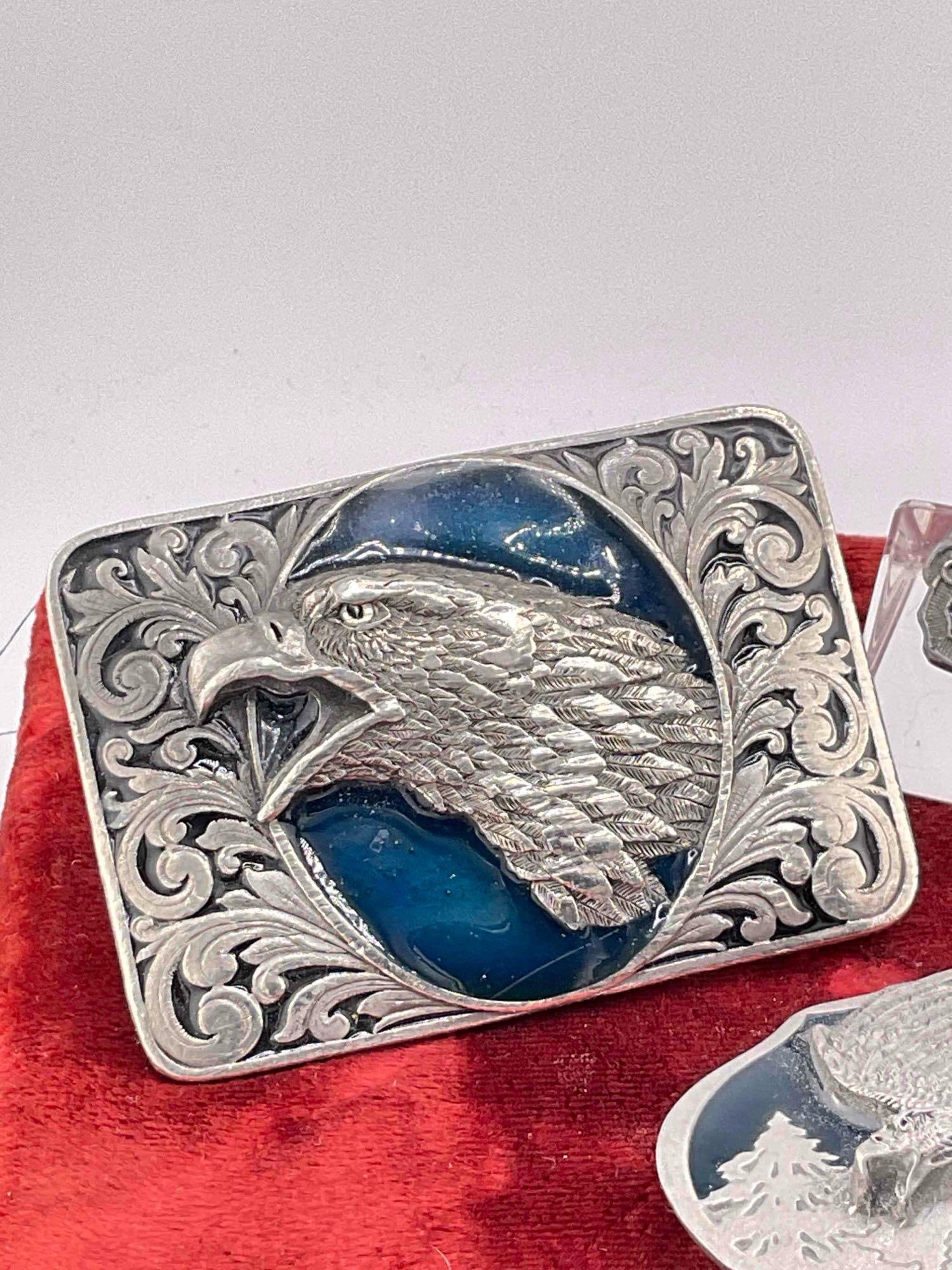 3x pewter & enamel belt buckles, 1983 American buckle, 1993 Bergamont, 1998 Siskiyou - 2