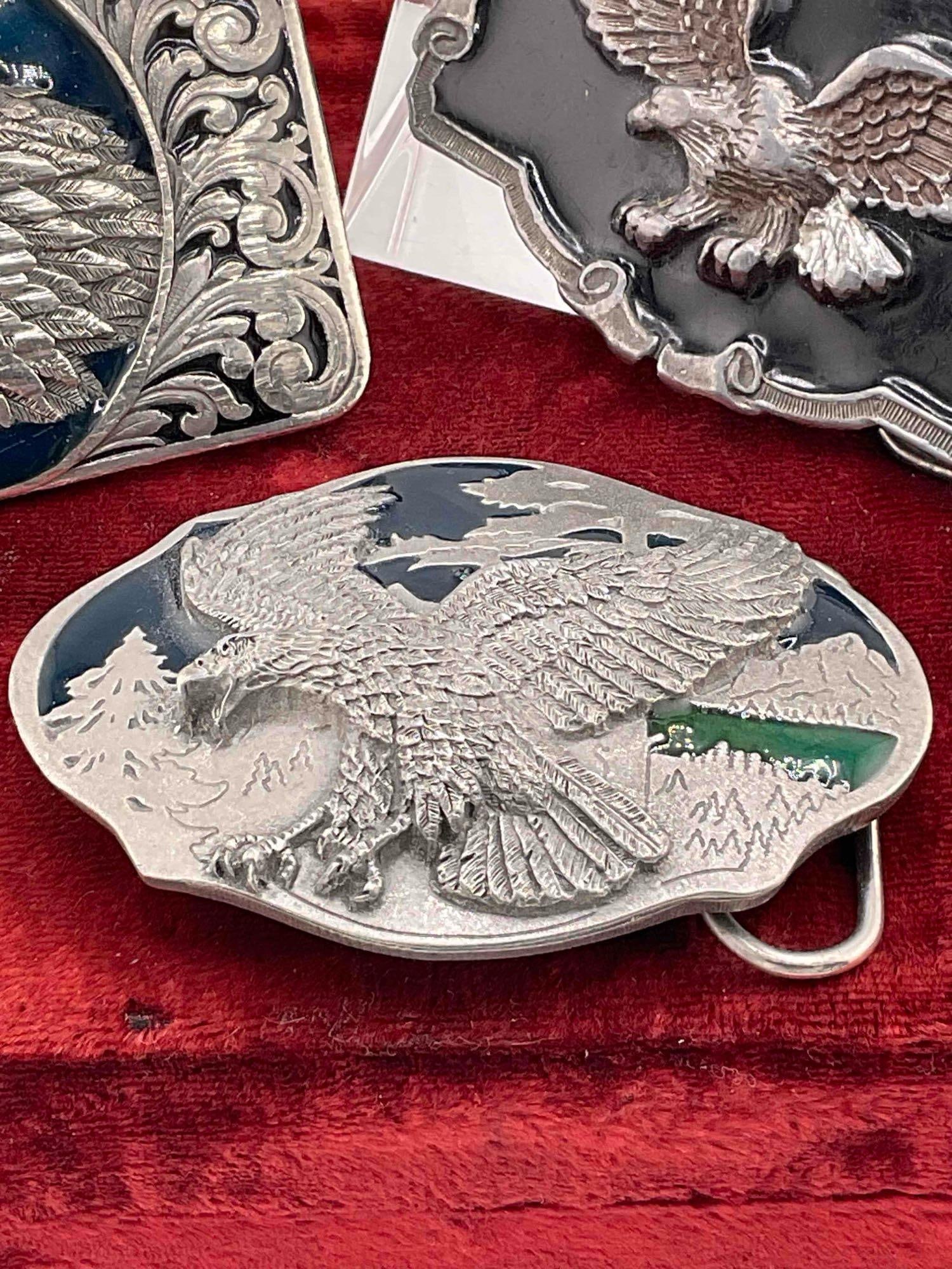 3x pewter & enamel belt buckles, 1983 American buckle, 1993 Bergamont, 1998 Siskiyou - 3