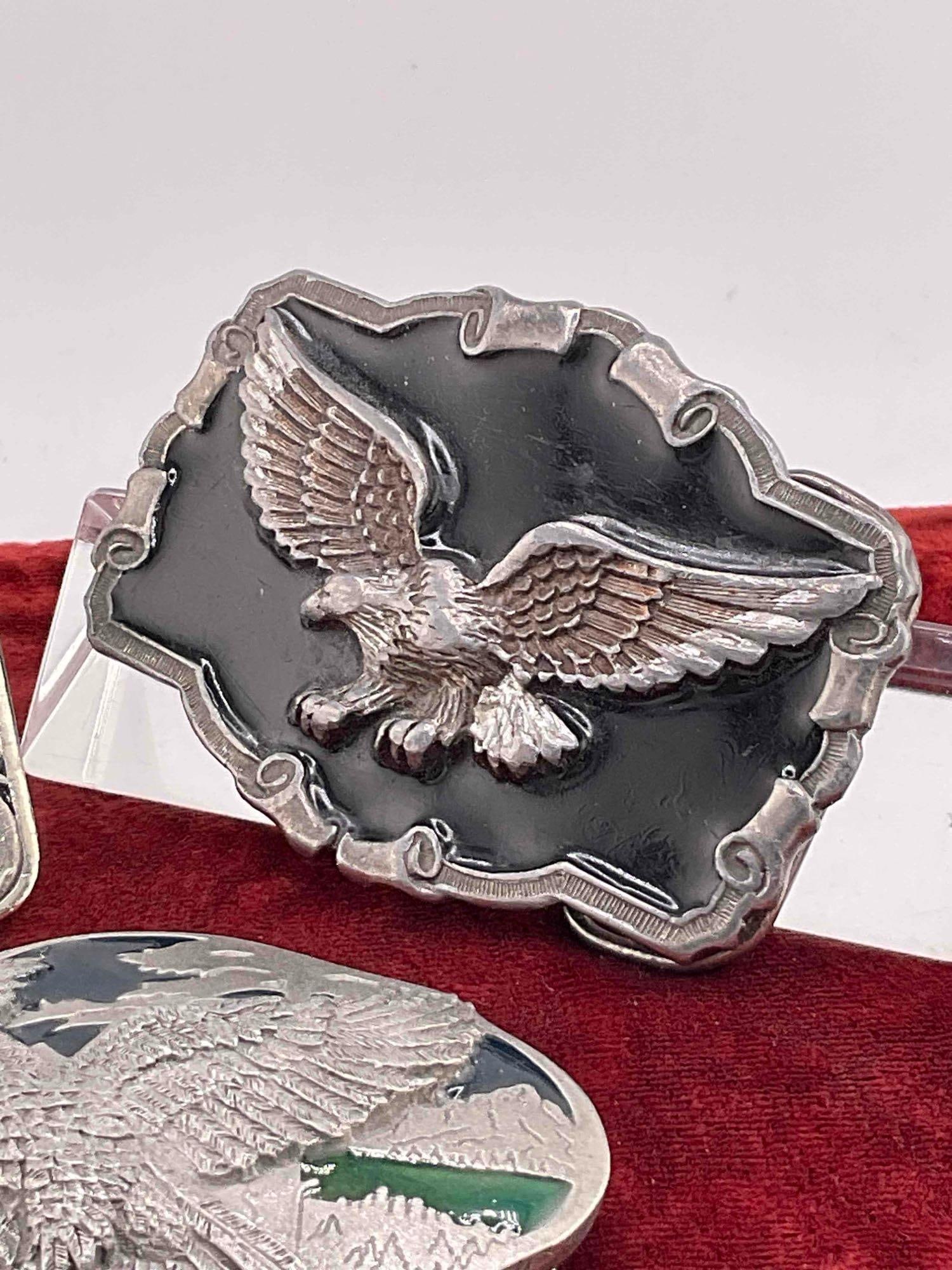 3x pewter & enamel belt buckles, 1983 American buckle, 1993 Bergamont, 1998 Siskiyou - 4