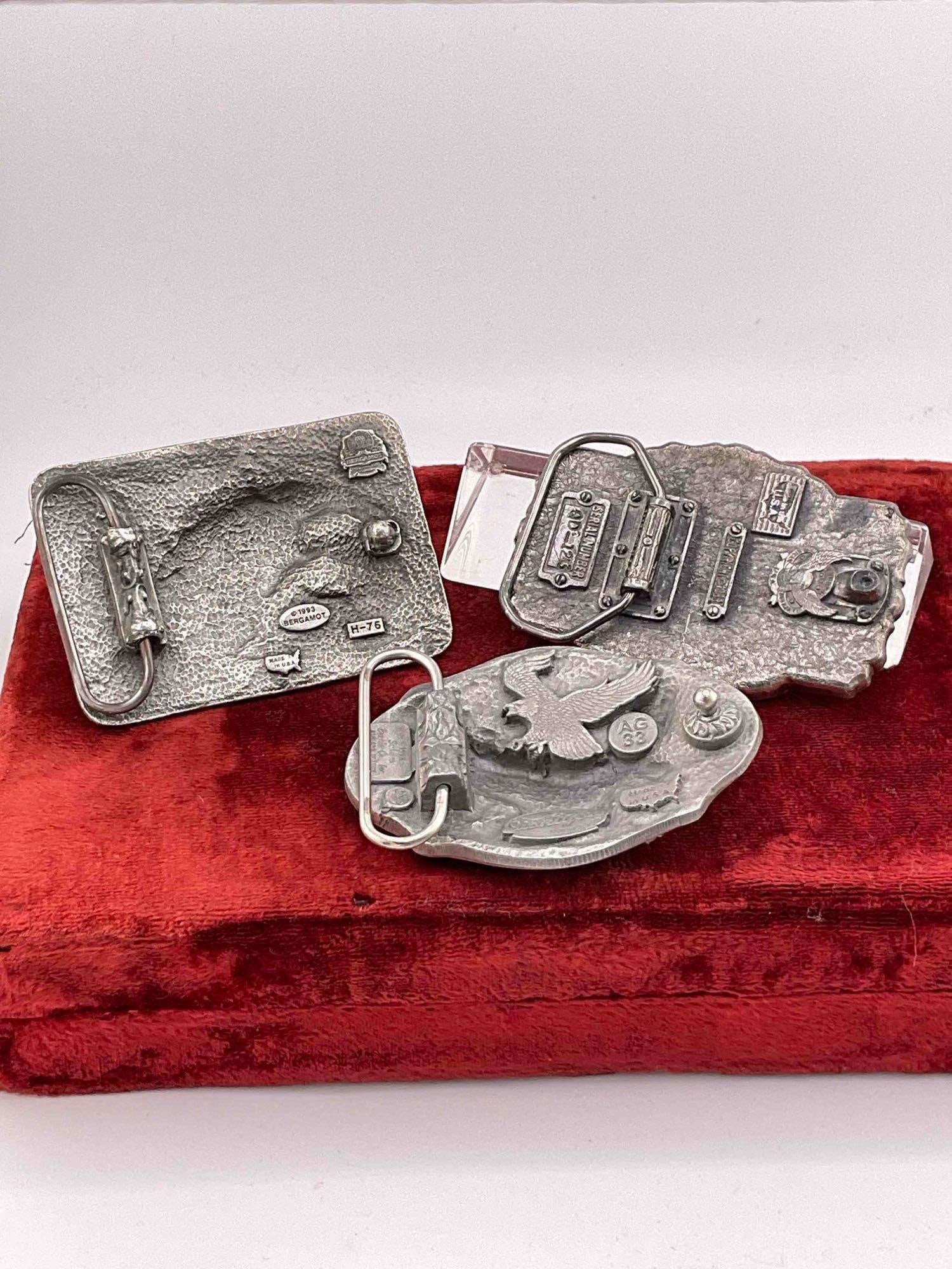 3x pewter & enamel belt buckles, 1983 American buckle, 1993 Bergamont, 1998 Siskiyou - 5