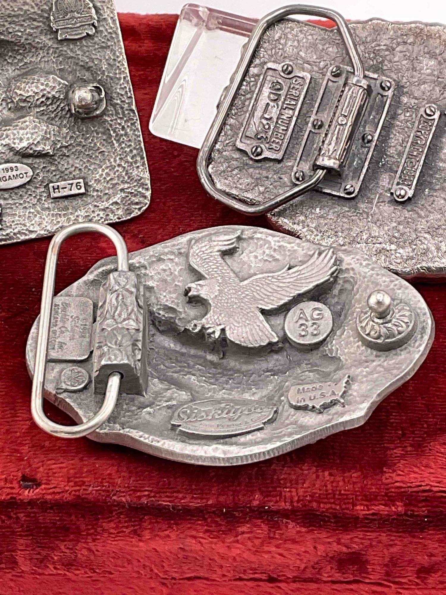 3x pewter & enamel belt buckles, 1983 American buckle, 1993 Bergamont, 1998 Siskiyou - 7
