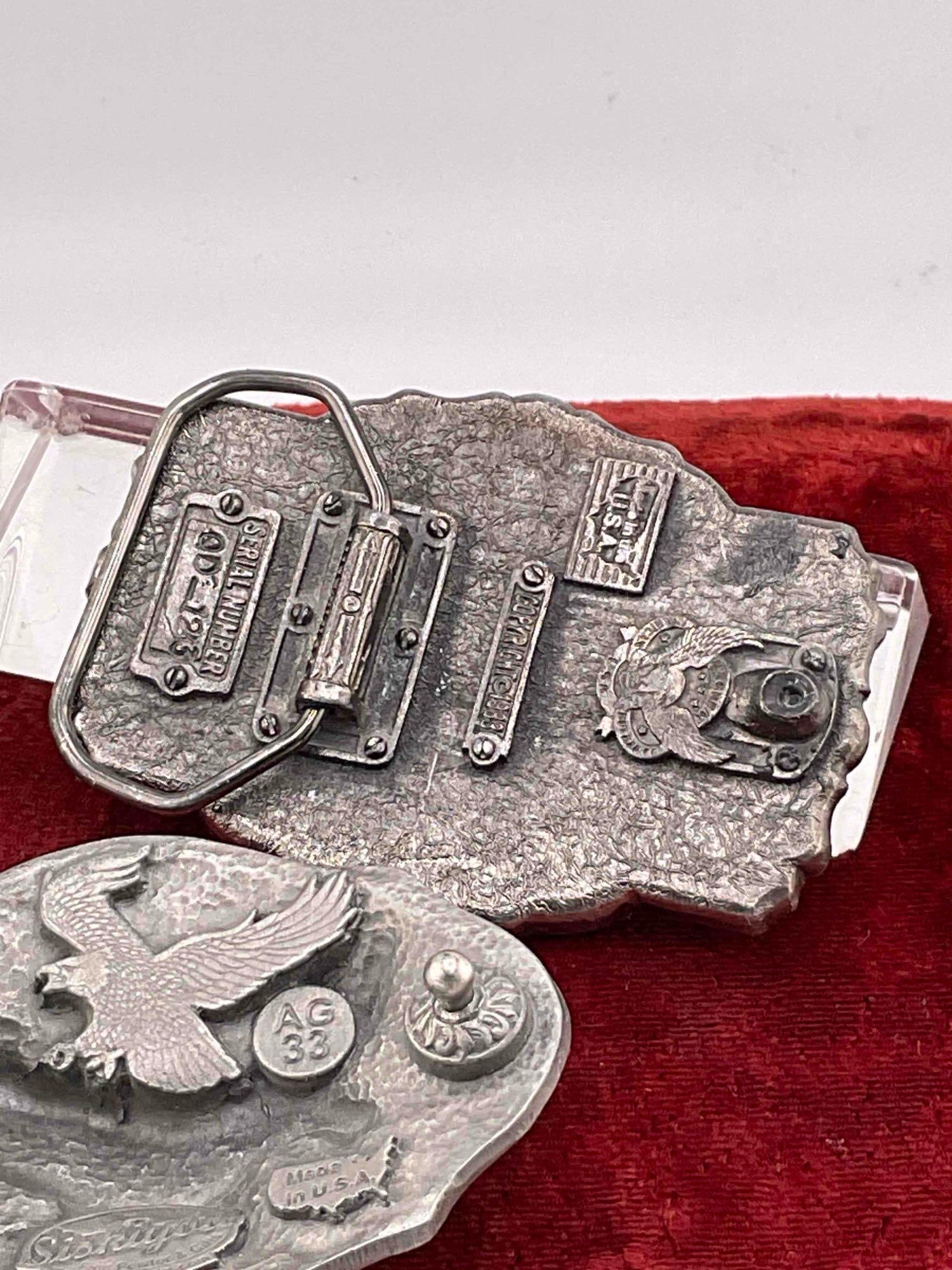 3x pewter & enamel belt buckles, 1983 American buckle, 1993 Bergamont, 1998 Siskiyou - 8