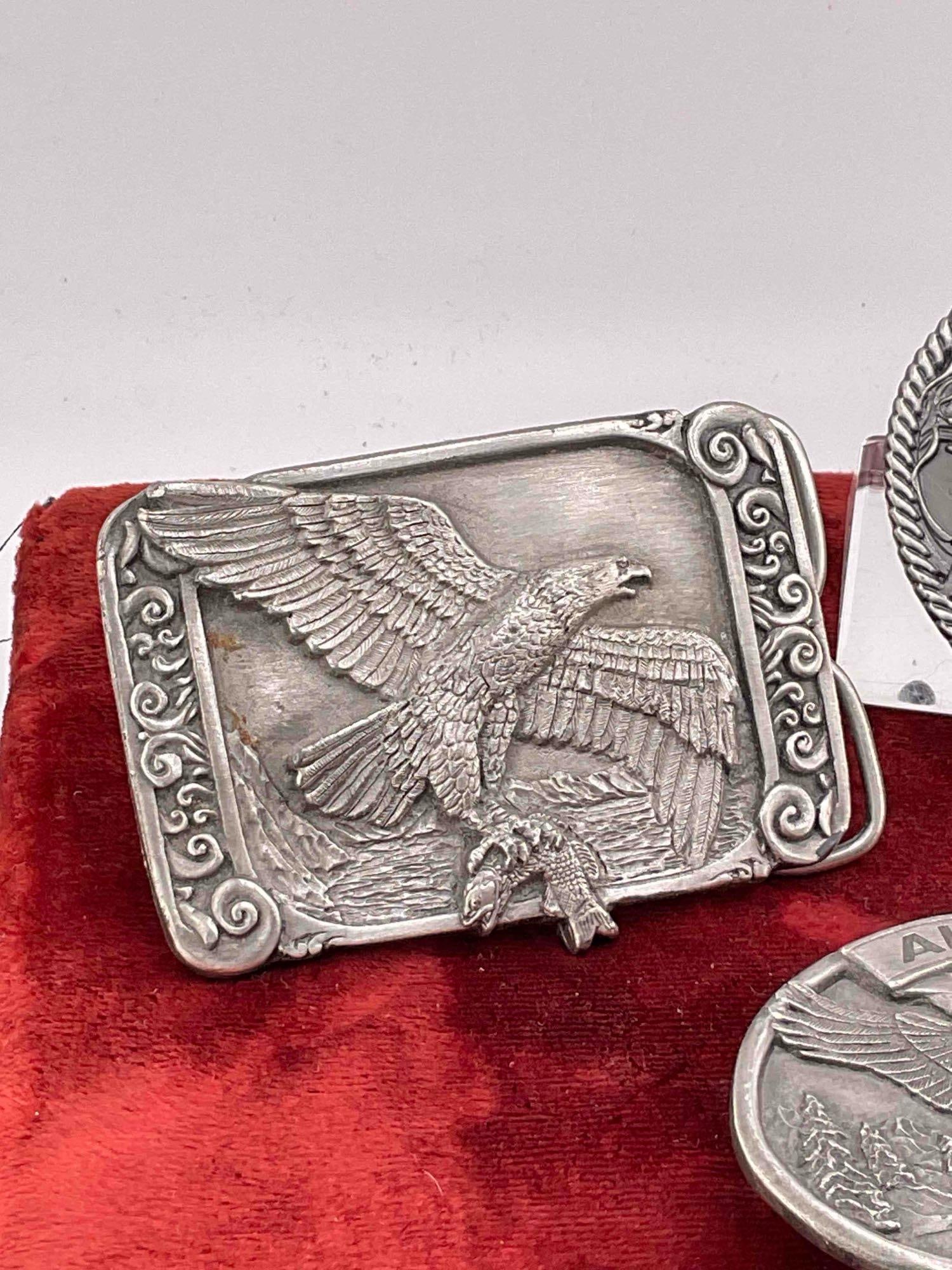 3 x Pewter belt buckles, 2x Siskiyou 1984, 1986 + Oval buckle W/ Buffalo nickel & turquoise - 2