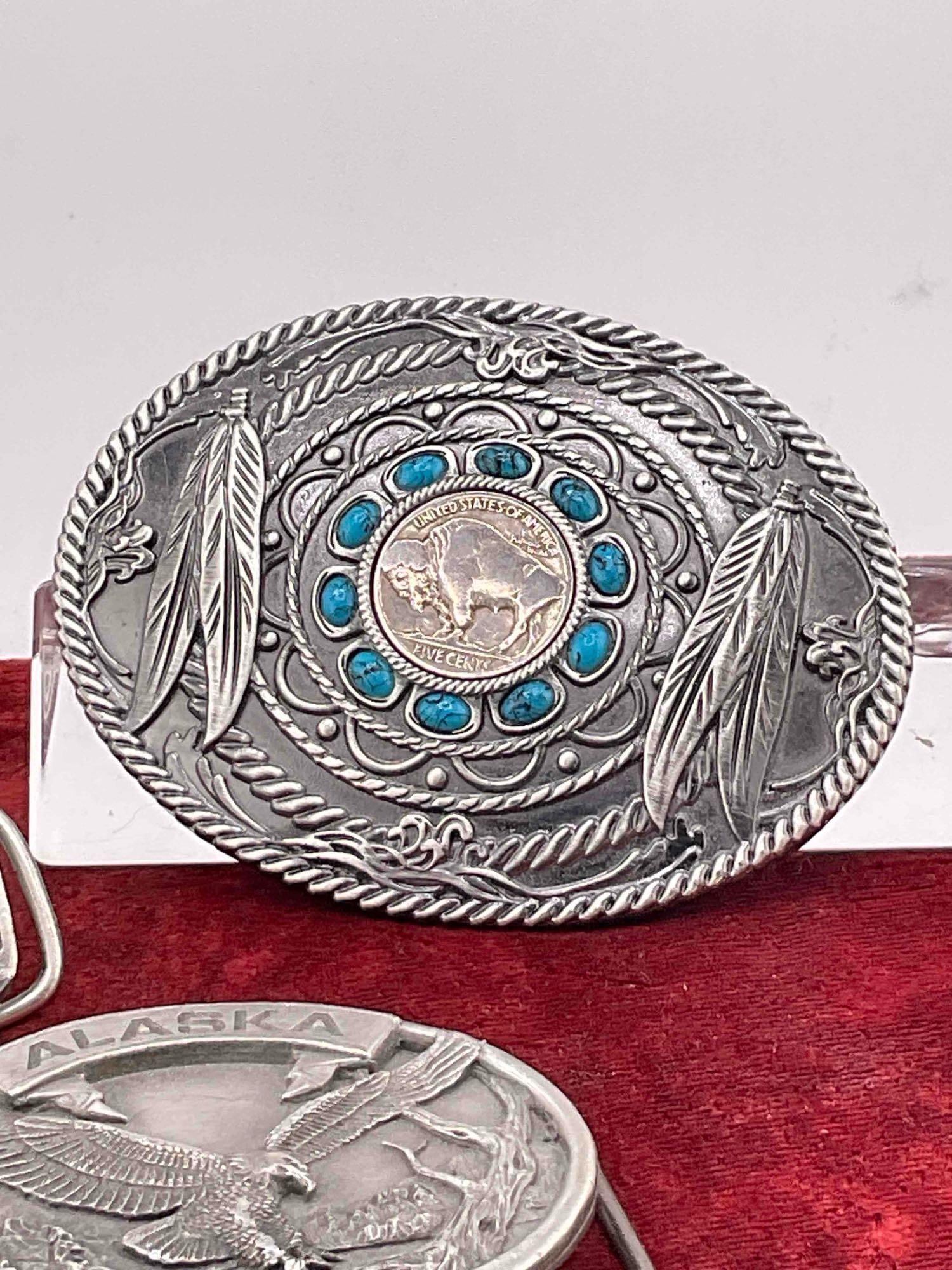 3 x Pewter belt buckles, 2x Siskiyou 1984, 1986 + Oval buckle W/ Buffalo nickel & turquoise - 4