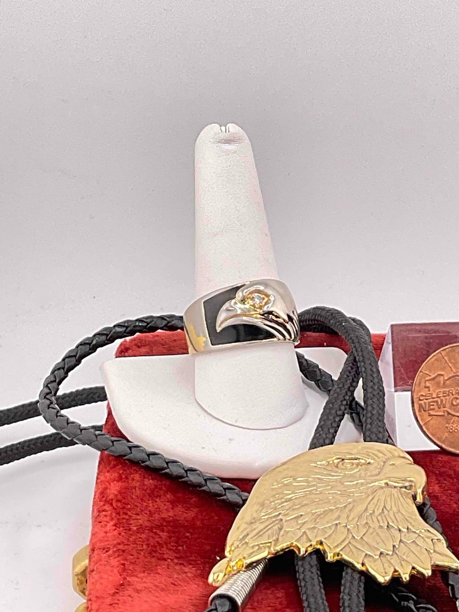 assortment of foreign coins, two eagle themed bolo ties, Eagle ring, two lighters - 2