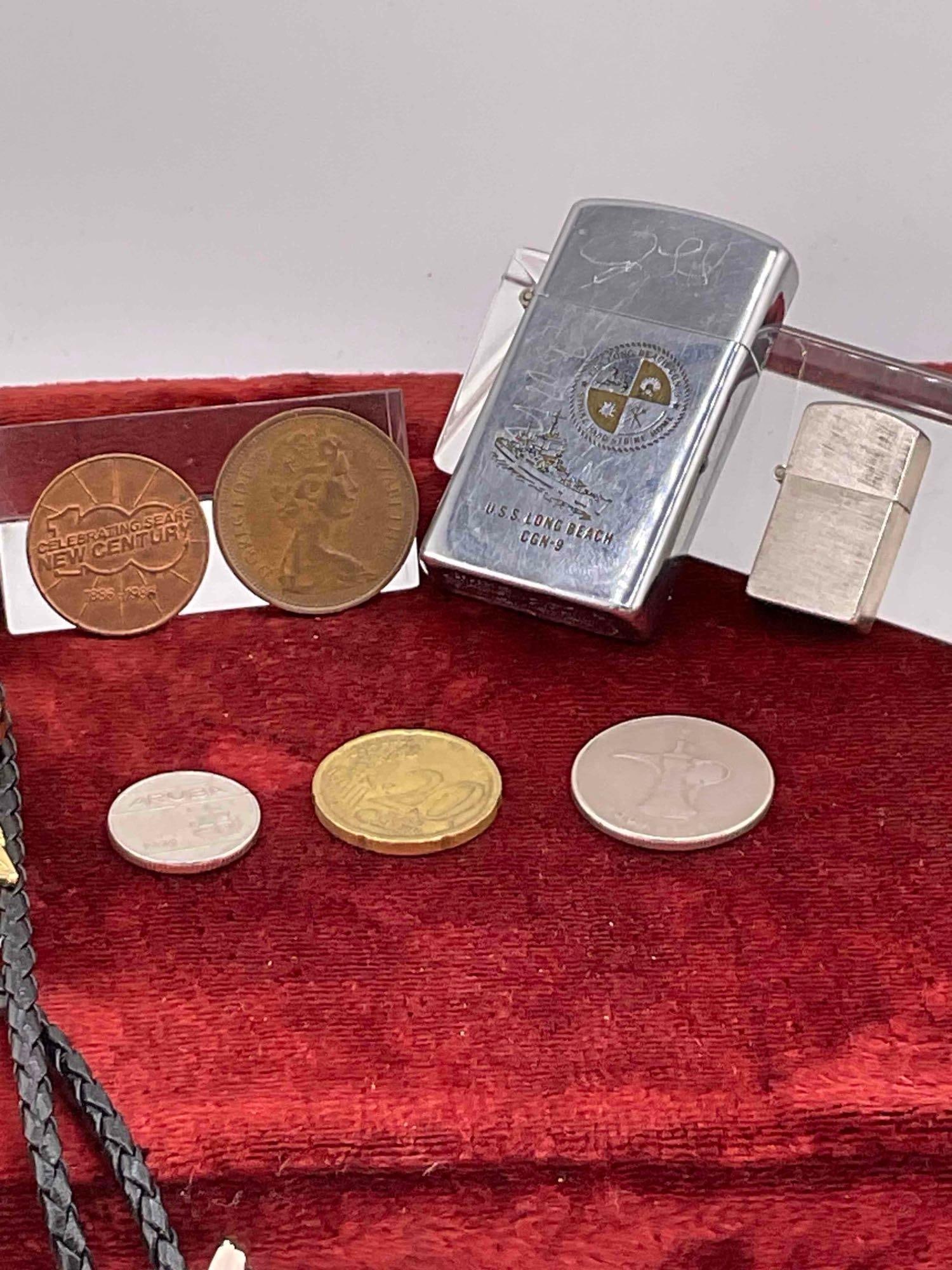 assortment of foreign coins, two eagle themed bolo ties, Eagle ring, two lighters - 4