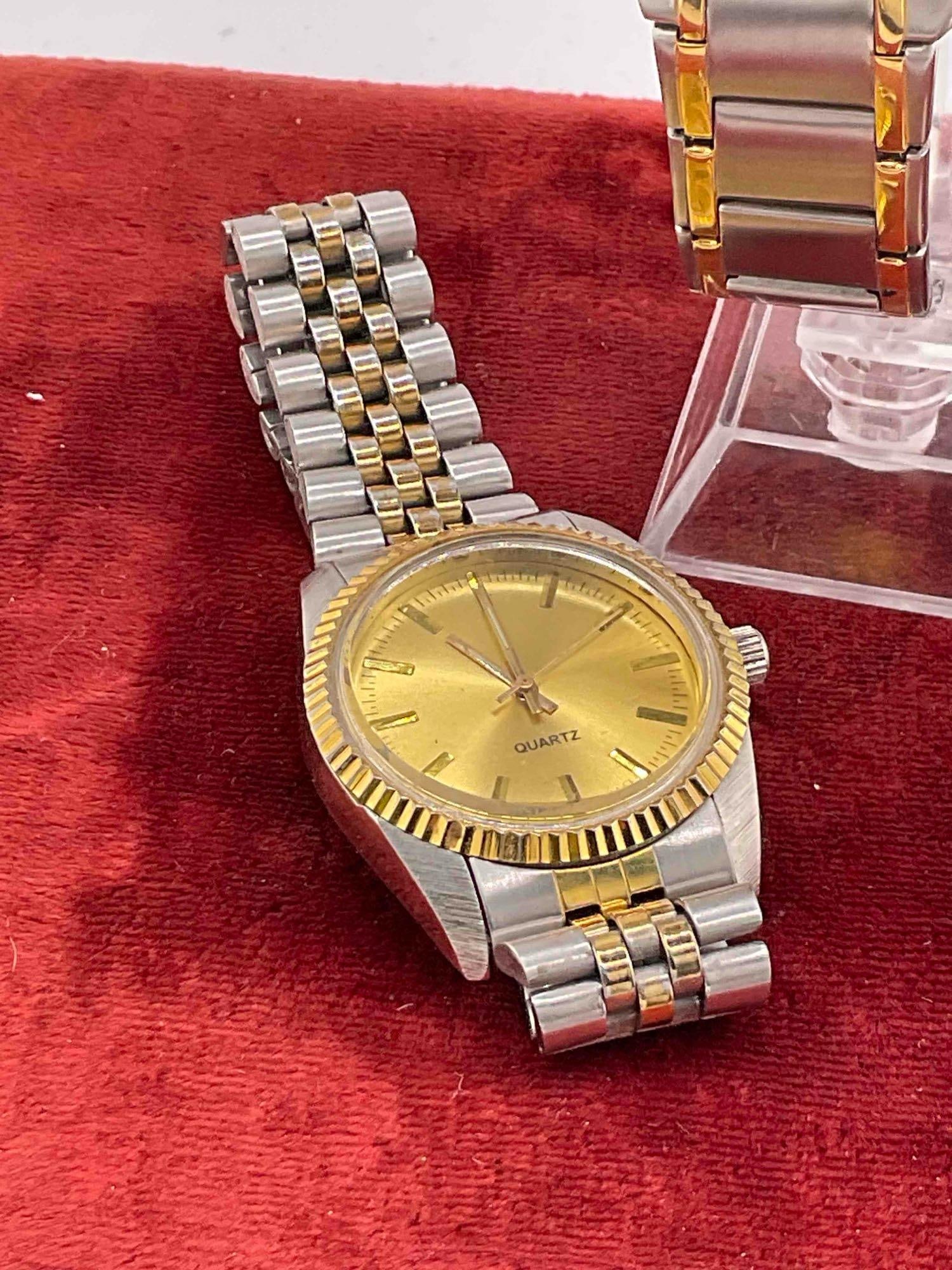 3x mens watches newer Armitron GM00 water resistant 165ft, Gold toned quartz, Timex - 2