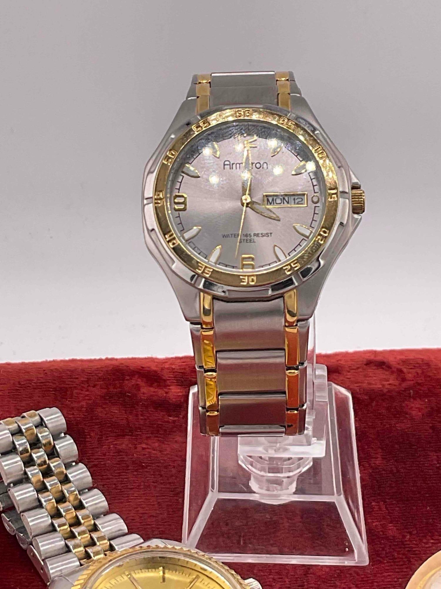 3x mens watches newer Armitron GM00 water resistant 165ft, Gold toned quartz, Timex - 3