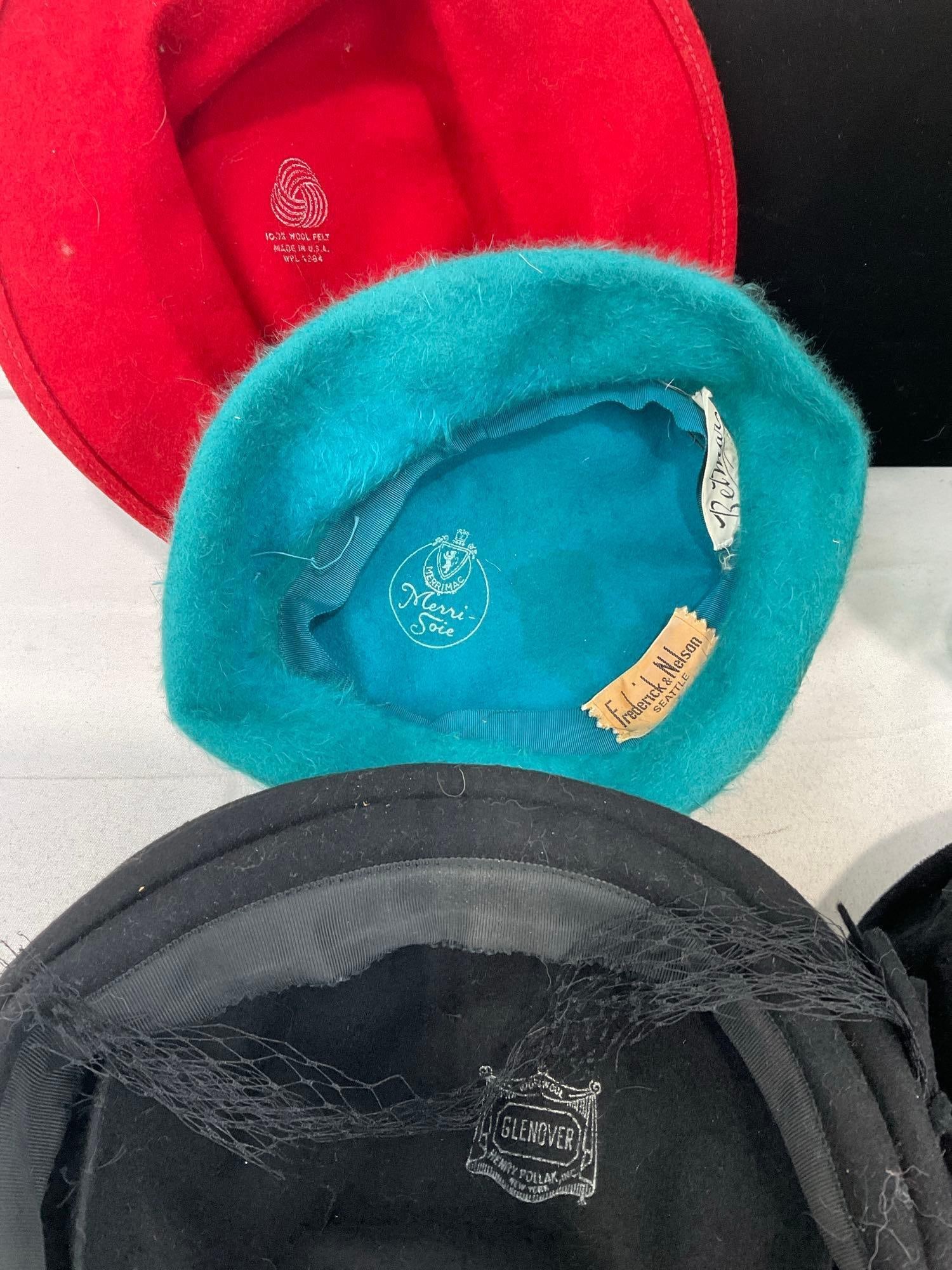 Collection of 8 40s-50s Hats, Pillbox, Wool Beret, Cloche style, Red Fedora & more - 5