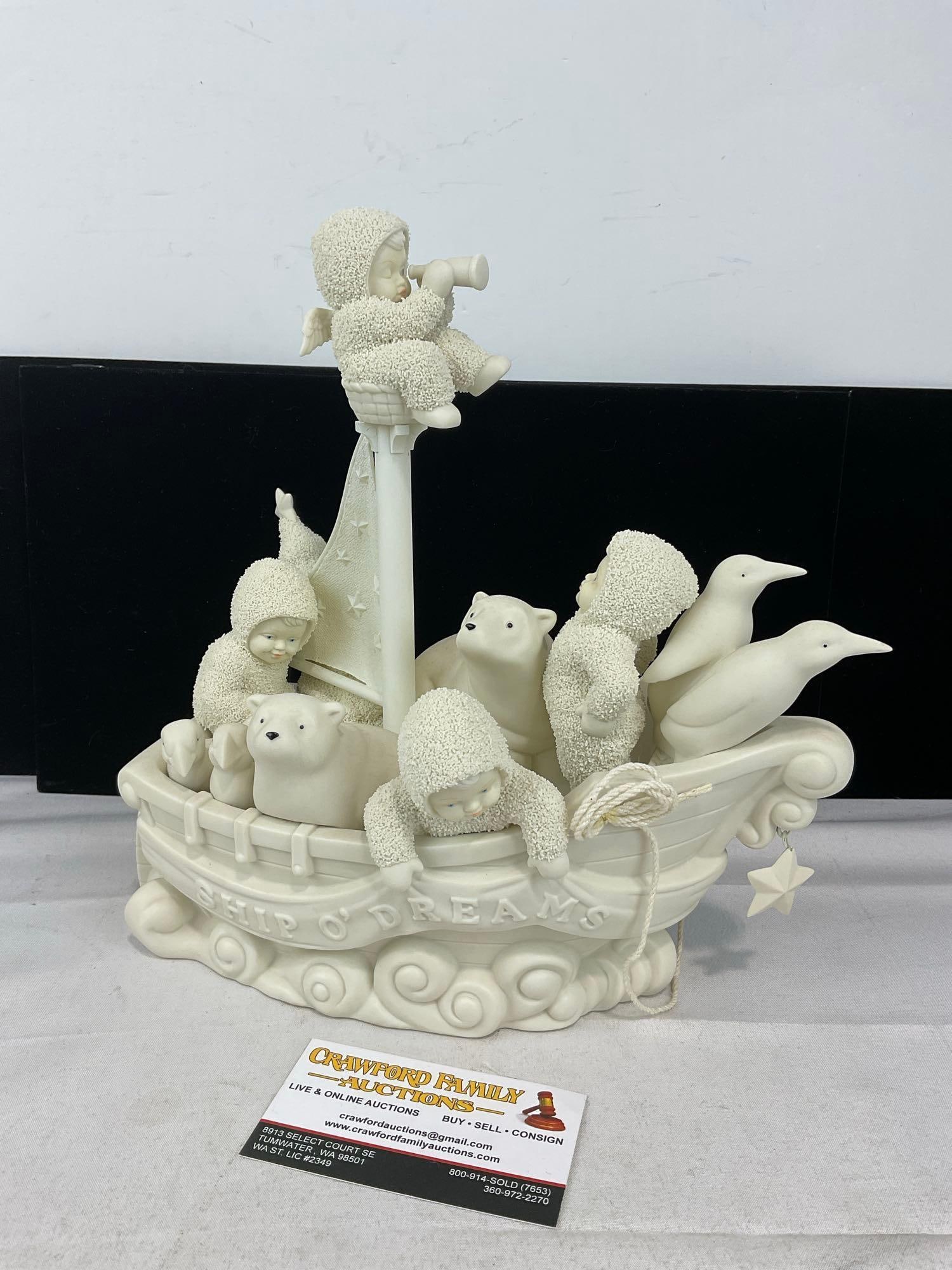 Retired Dept. 56 Snowbabies Porcelain Figure Ship O Dreams, 56.68859, Babies & Snow animals on boat: Appears to be in good shape. The piece measures approx 11h x 12w x 6d inches. See pics. E-6160