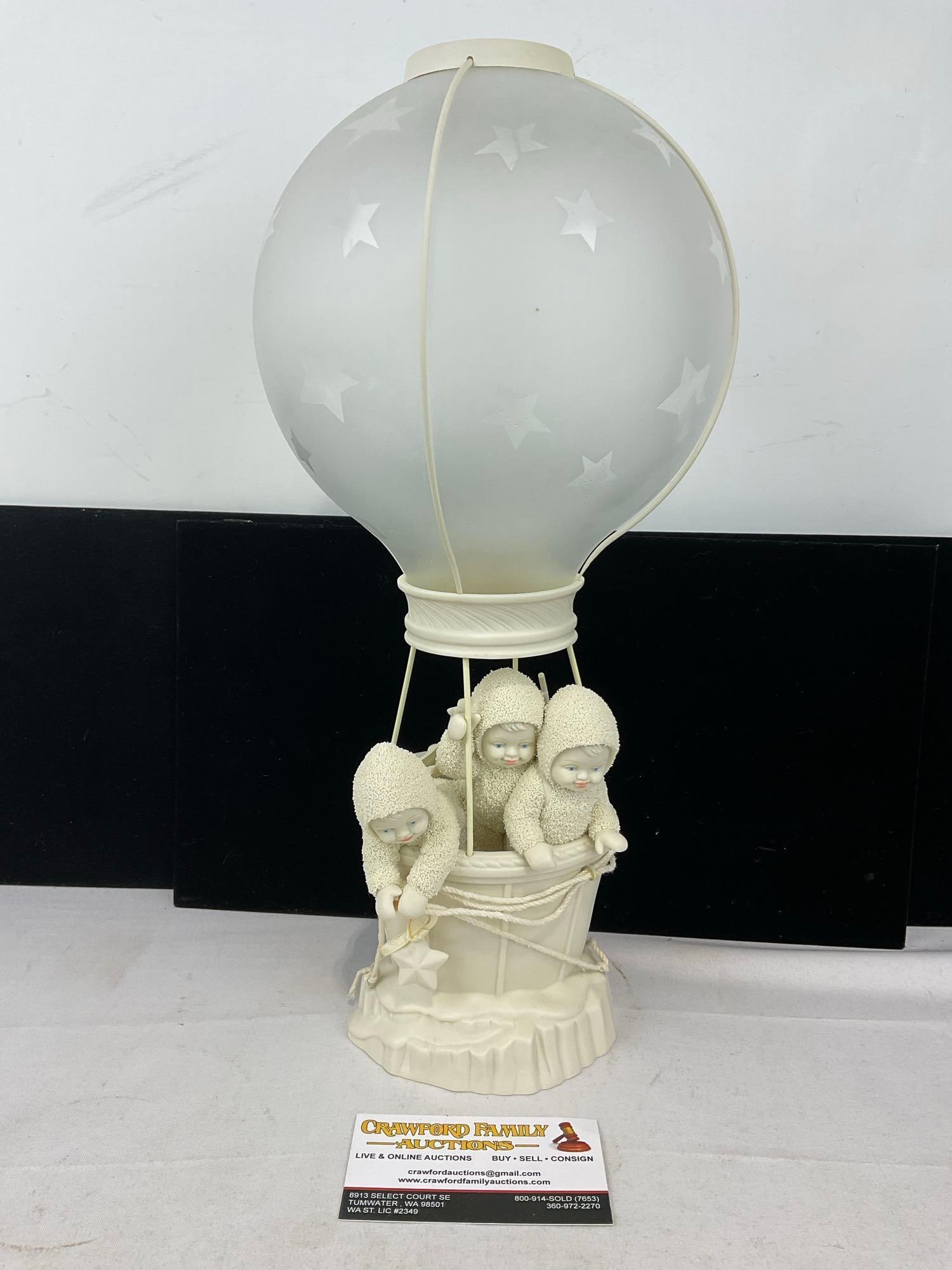 Dept. 56 Snowbabies Porcelain Come Fly With Me Balloon Figure, 16h x 7w x 7d inches: Missing the other two small piece from the set. Appears to be in good shape. The piece measures approx 16h x 7w x 7d inches. See pics. E-6160