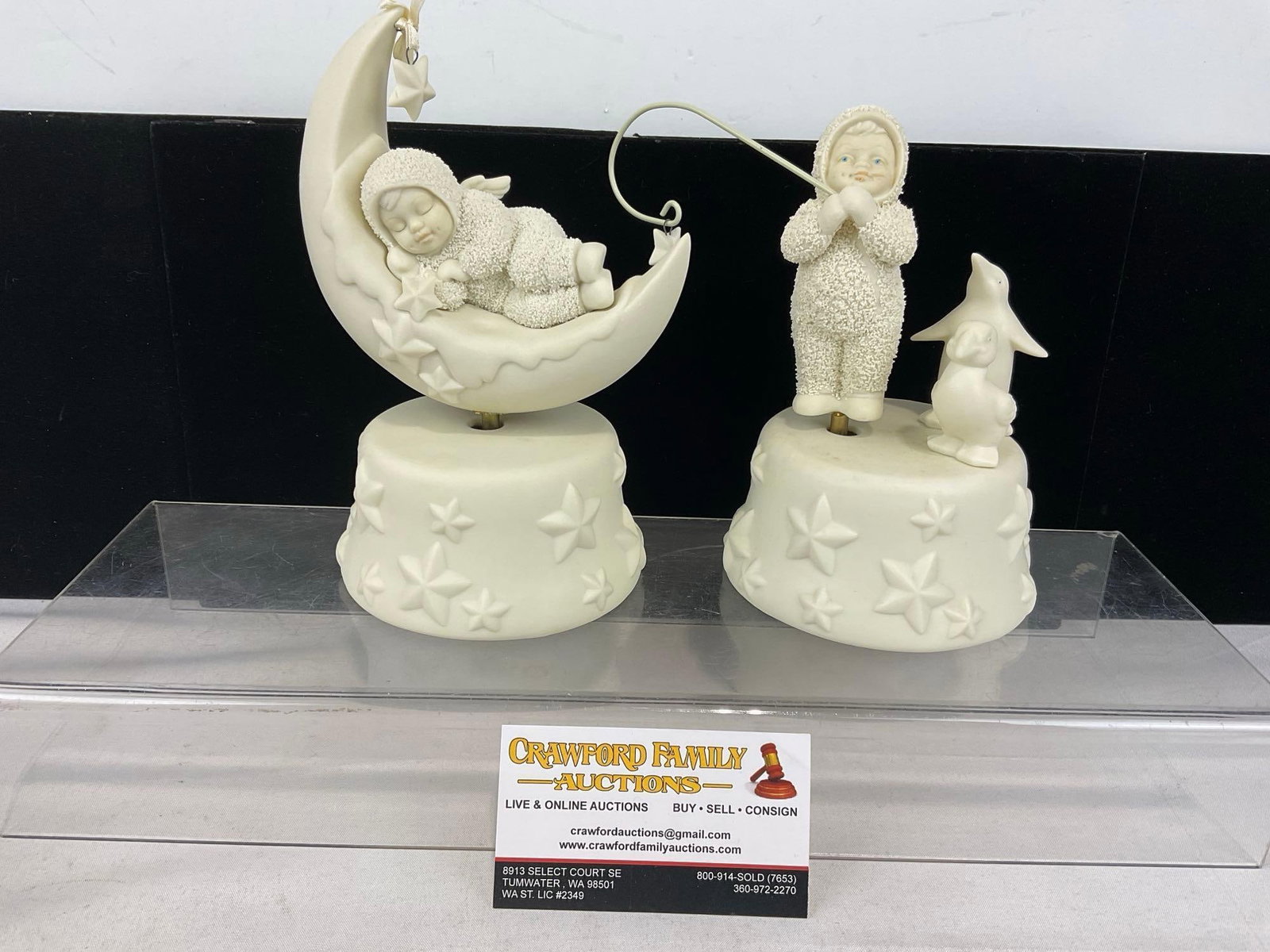 Pair of Dept. 56 Snowbabies Porcelain Figure Music Boxes, Im So Sleepy & Catch A Falling Star: Appears to be in good shape. The pieces together measures approx 9h x 9w x 6d inches. See pics. E-6160