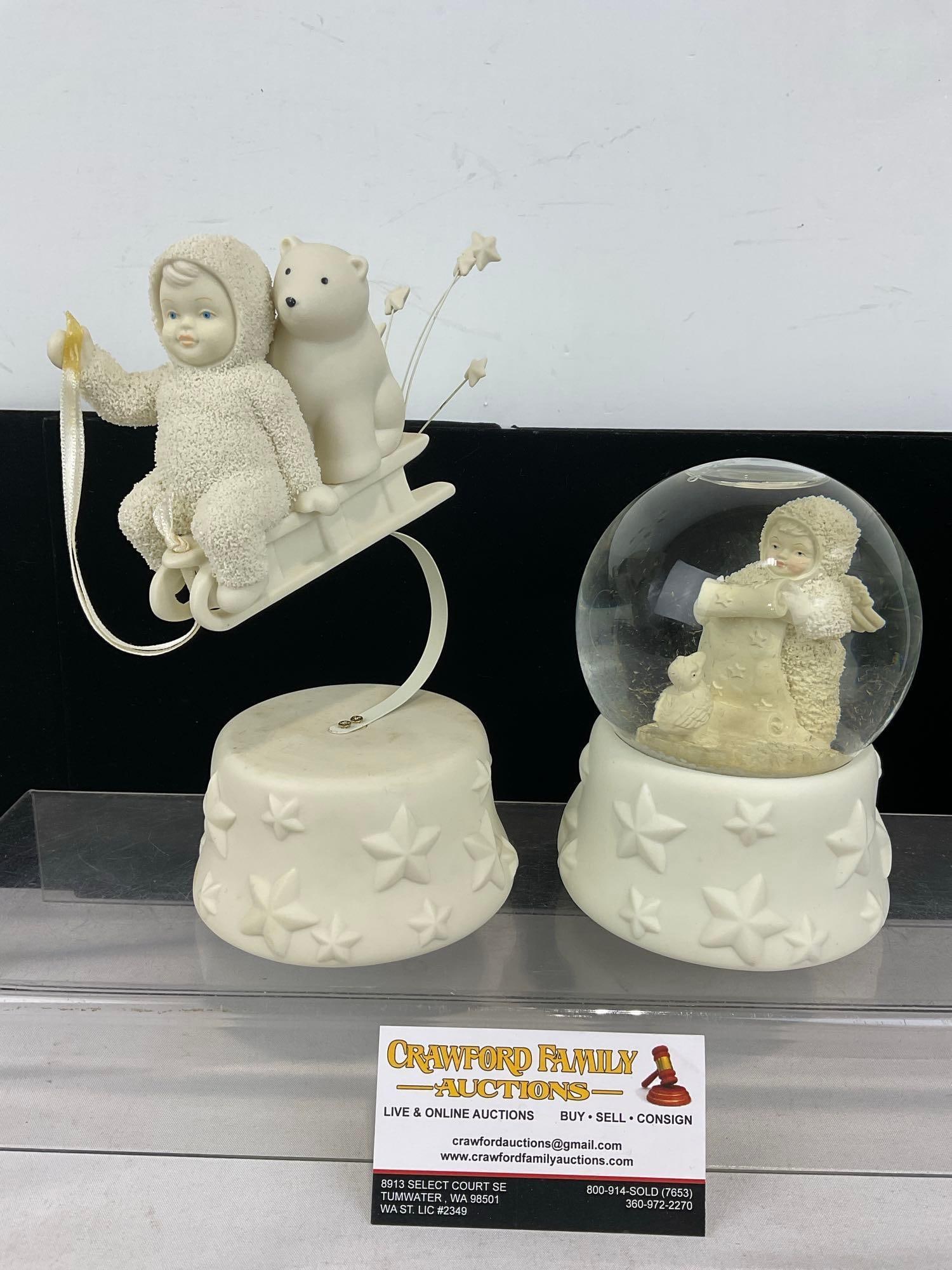 Pair of Dept. 56 Snowbabies Porcelain Figure Music Boxes, Milky Way & Planting Starry Pines: Appears to be in good shape. The piece measures approx 5h x 14w x 7d inches. See pics. E-6160