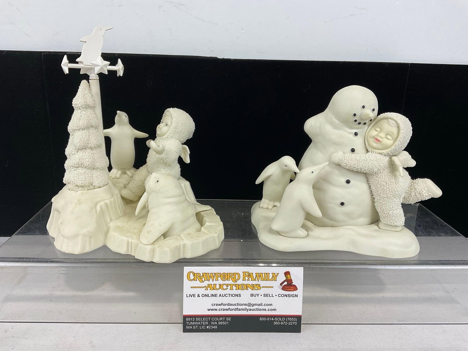 2x Retired Dept. 56 Snowbabies Porcelain Figures, Will It Snow Today? & All We Need Is Love: Appears to be in good shape. The piece measures approx 8h x 16w x 7d inches. See pics. E-6160