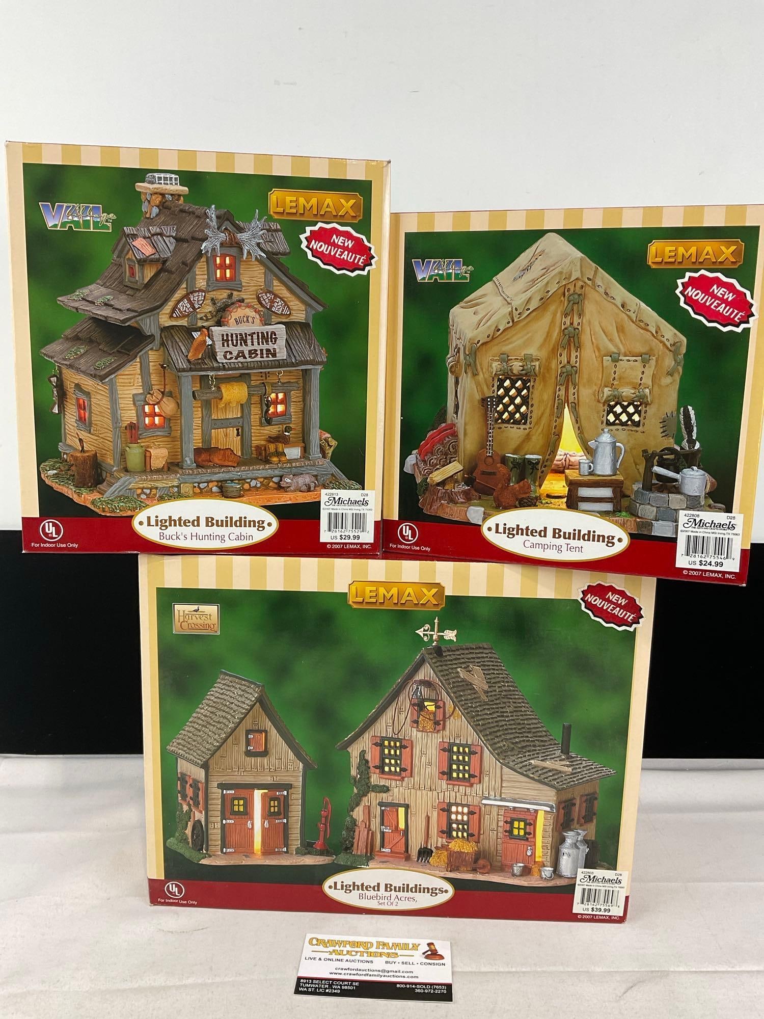 4 Lemax Lightup Bldgs, in original boxes, Bucks Hunting Cabin, Camping Tent, & Bluebird Acres: Appears to be in good shape, lights are untested. The piece measures approx 15h x 13w x 10d inches. See pics. E-6160