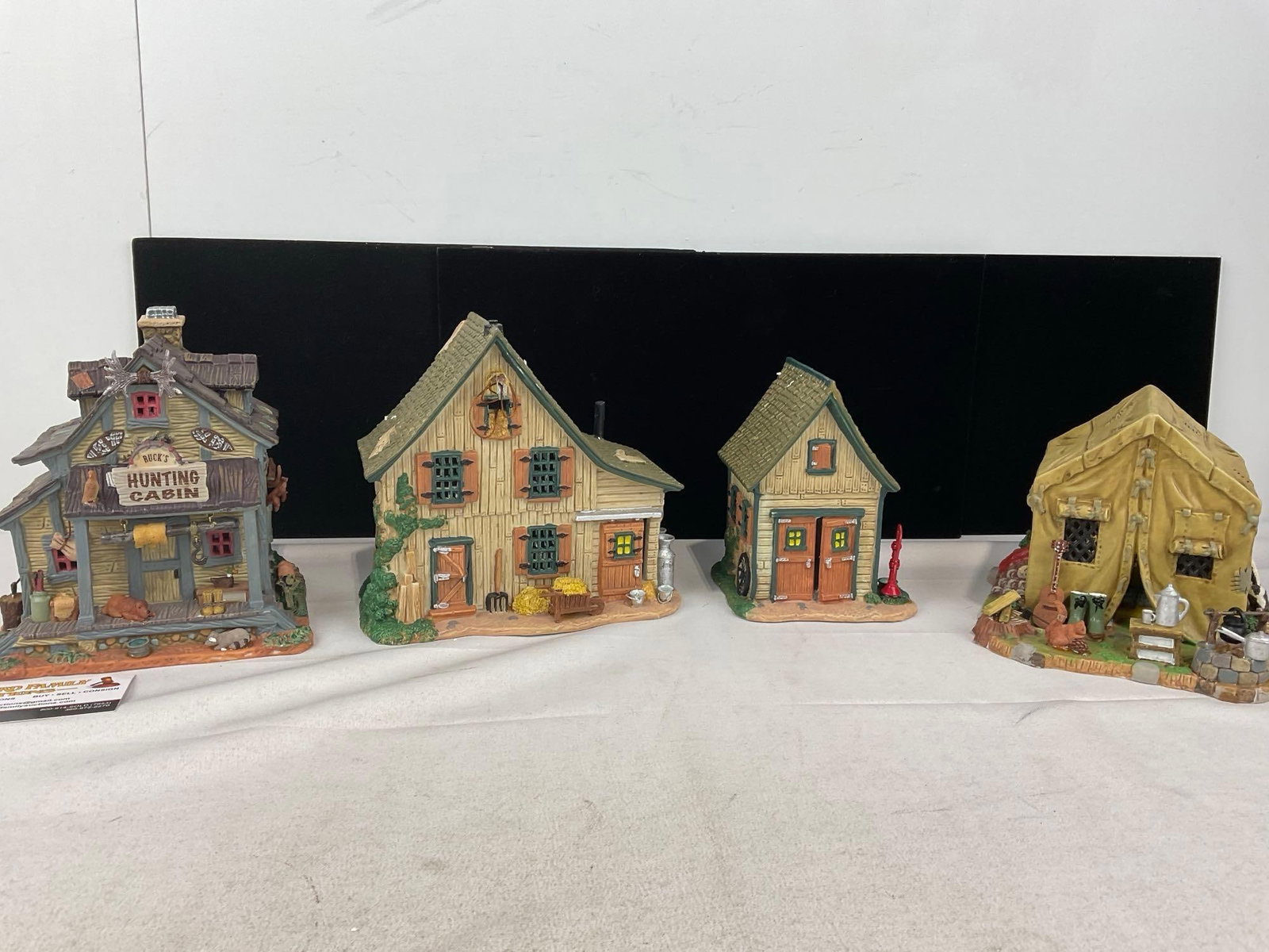 4 Lemax Lightup Bldgs, in original boxes, Bucks Hunting Cabin, Camping Tent, & Bluebird Acres - 2