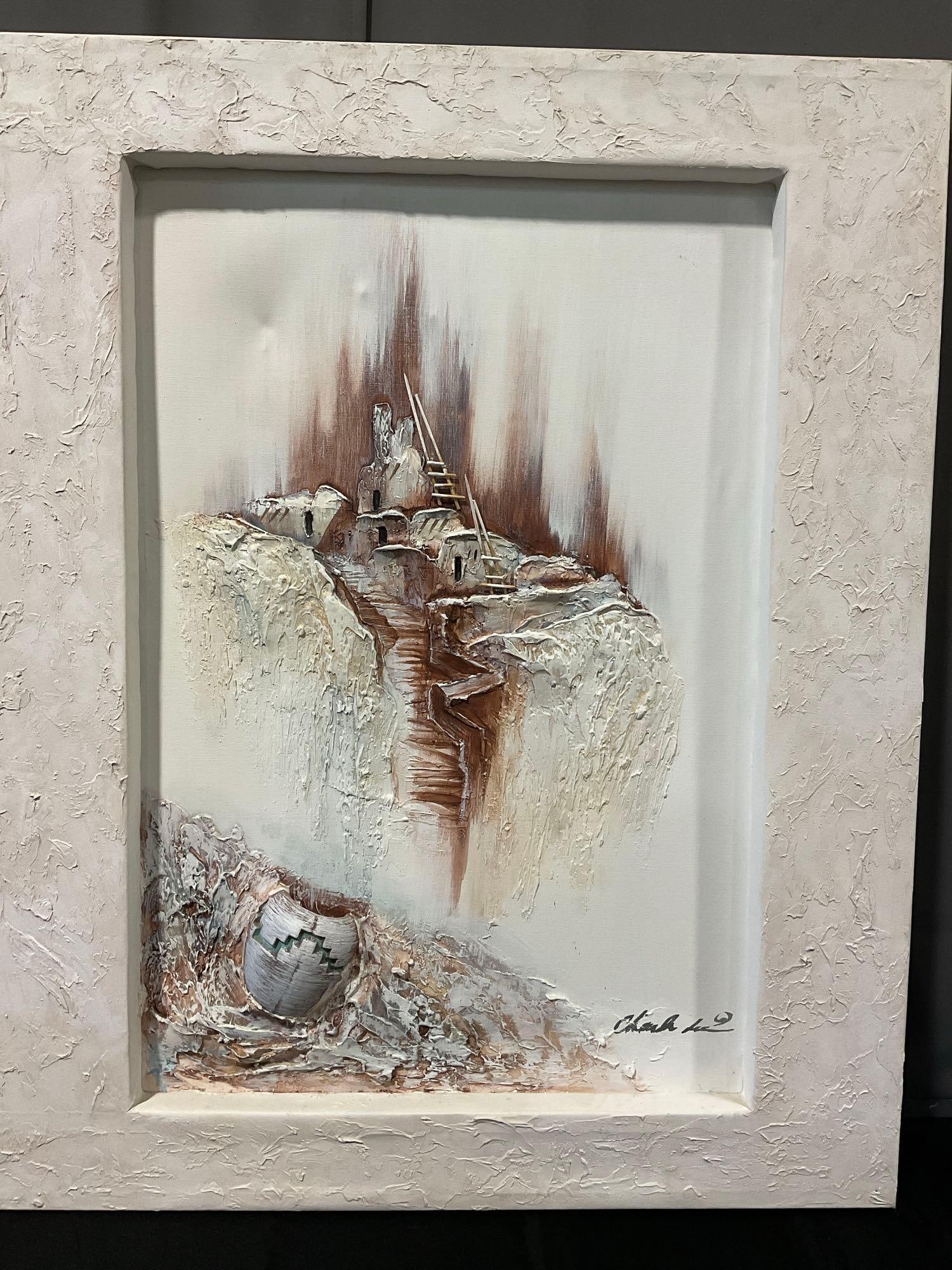 Framed 3D textured Painting, Pueblo Mesa Verde scene, w/Pottery vase piece, stucco textured frame: Appears to be in good shape. The piece measures approx 45h x 37w x 6d inches. See pics. E-6240 *Freight Required if shipped, Buyer Arranged/Responsibility*