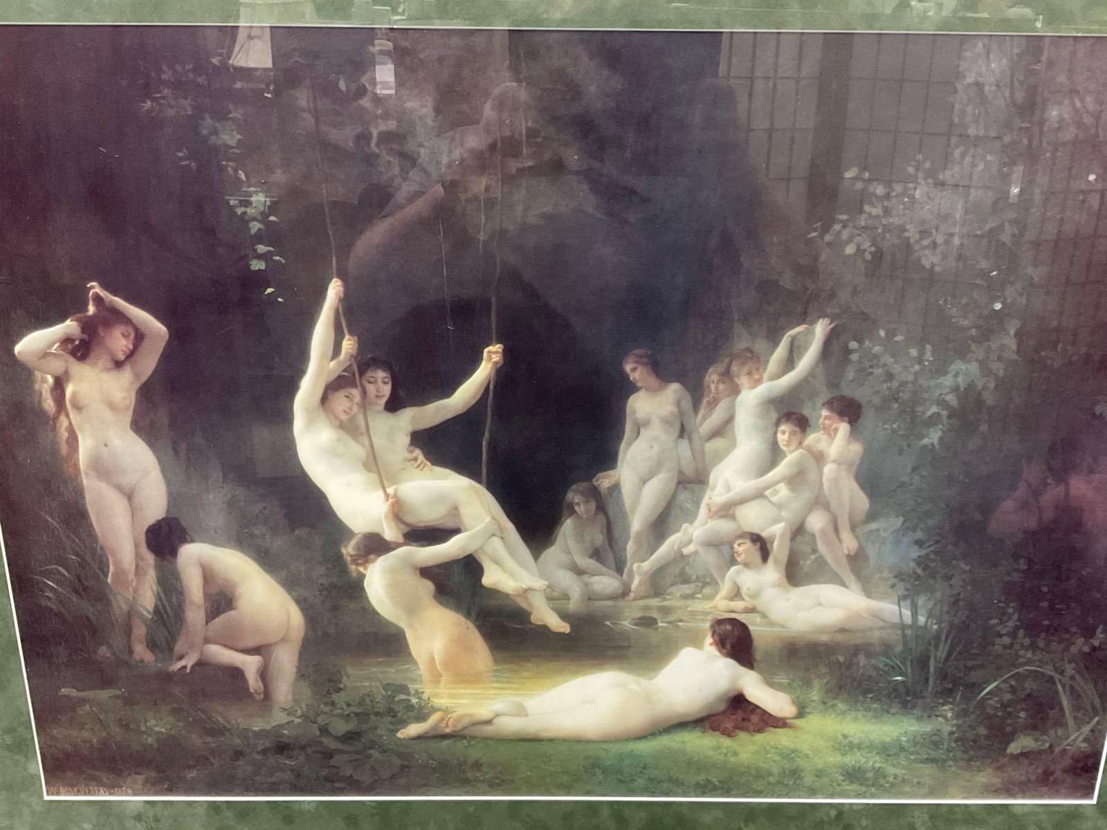 Framed Art Print of 1878 The Nymphaeum by William-Adolphe Bouguereau, 33h x 43w x 4d inches - 2