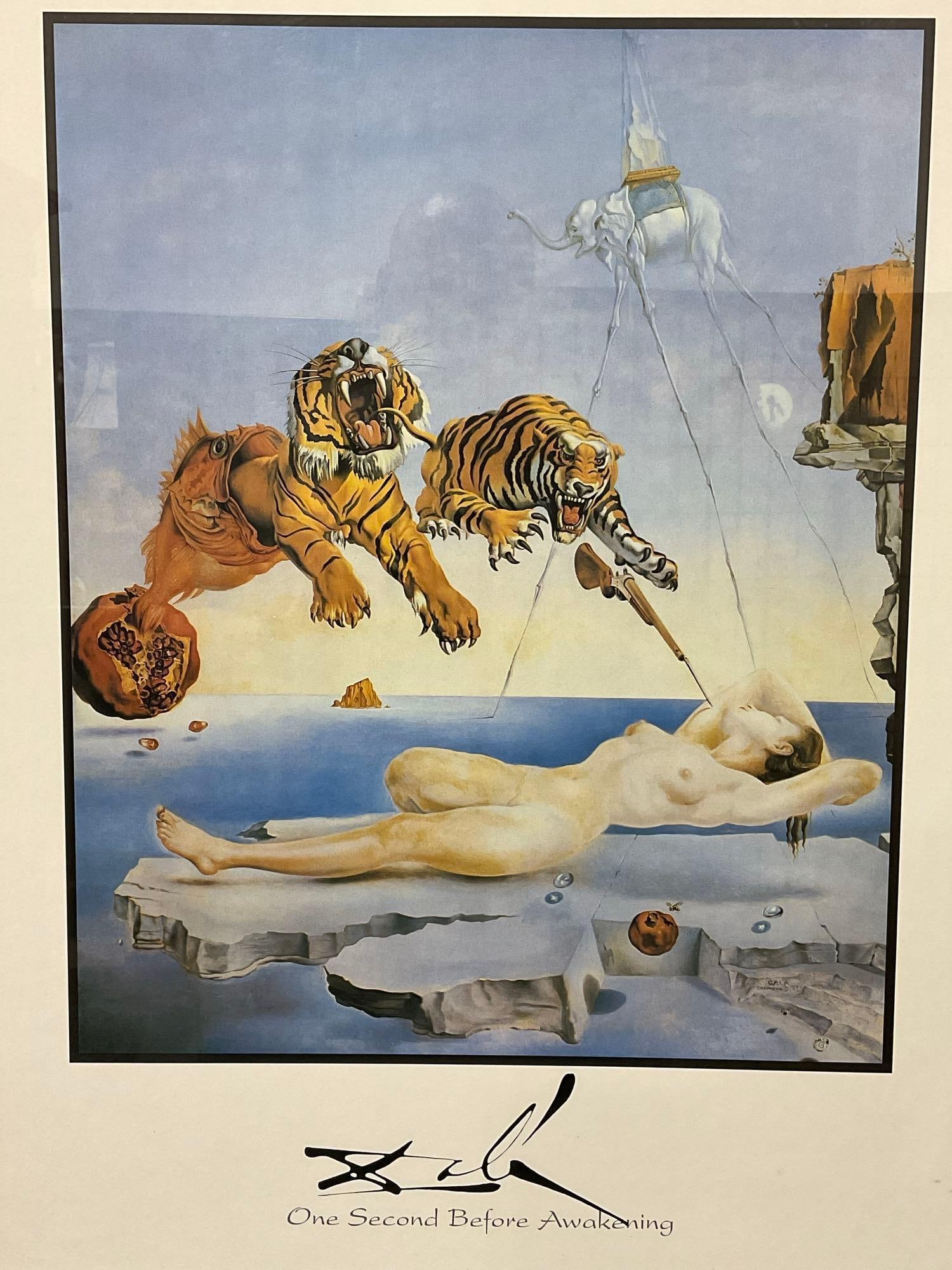 Framed Art Print, Second Before Awakening by Surrealist Legend Salvador Dali, Gallery style piece: The full title of this surrealist piece is: Dream Caused by the Flight of a Bee Around a Pomegranate, a Second Before Awakening. Appears to be in good shape. The piece measures approx 31h x 25w