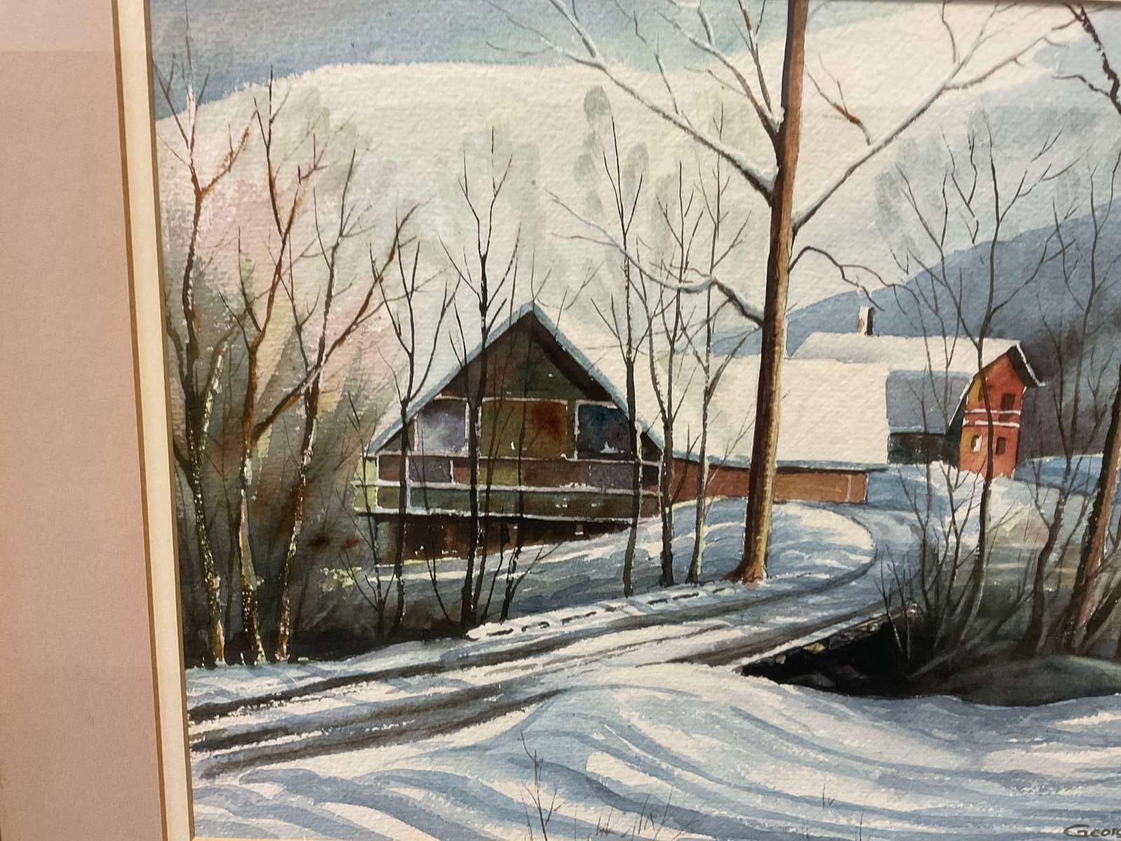 Framed Folk Art, Winter Cabin Landscape Scene, by George Cruickshank? 23x31 inches - 2