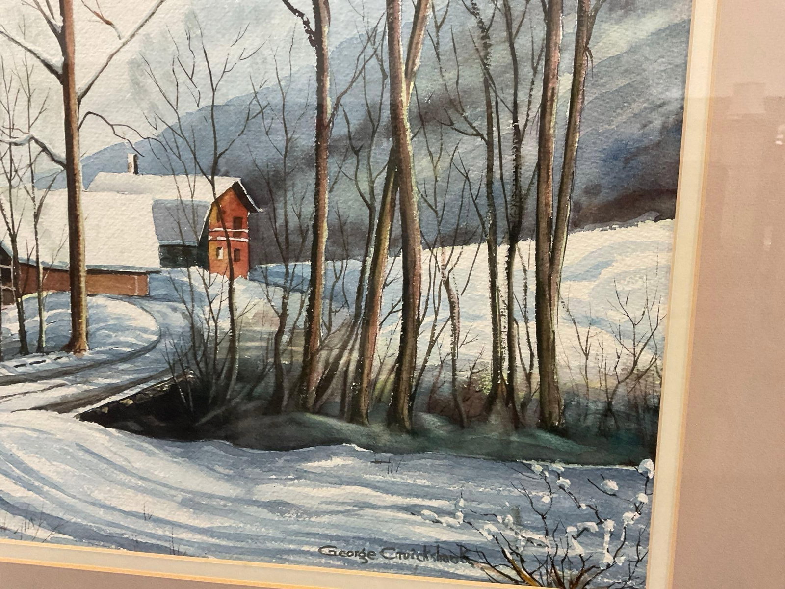 Framed Folk Art, Winter Cabin Landscape Scene, by George Cruickshank? 23x31 inches - 3