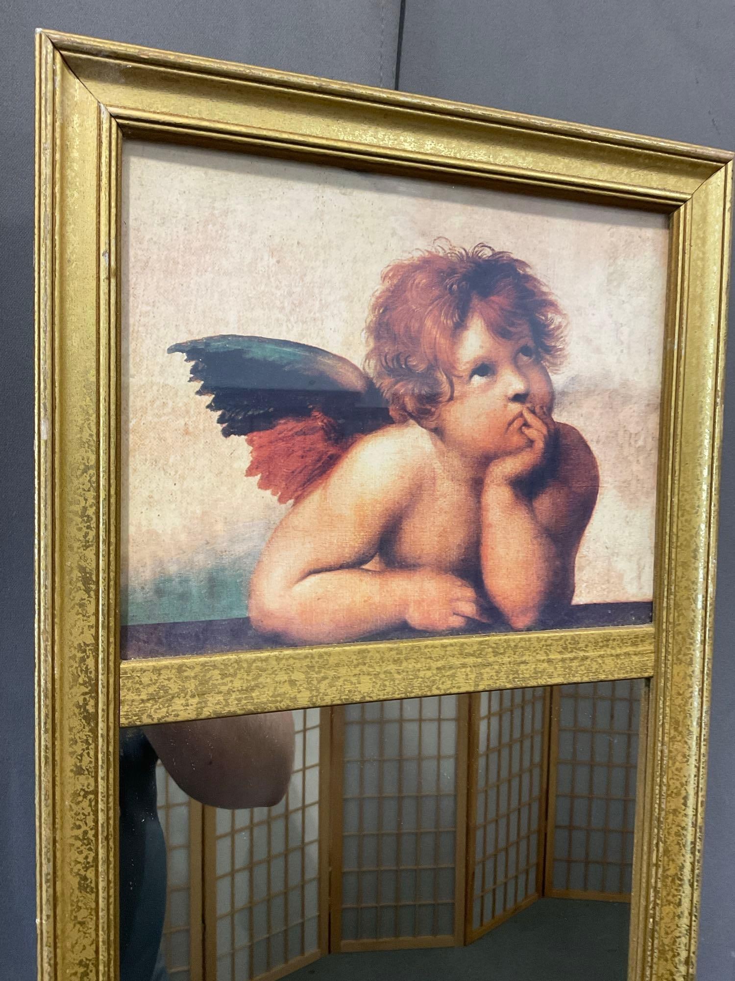 Giltwood Framed Mirror w/cherub scene above, 27x13 inches - 2