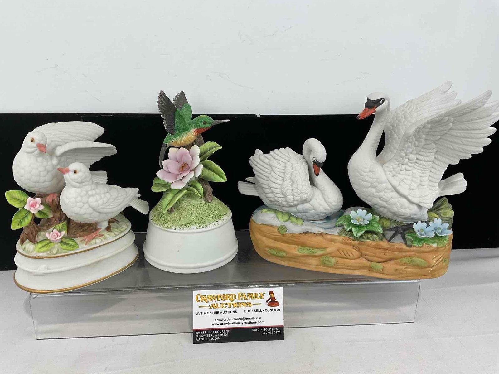 3 Bisque Porcelain Bird Music Boxes, Towle, Schmid, Doves, Hummingbirds, Geese: Appears to be in good shape. The piece measures approx 9h x 13w x 13d inches. See pics. E-6160
