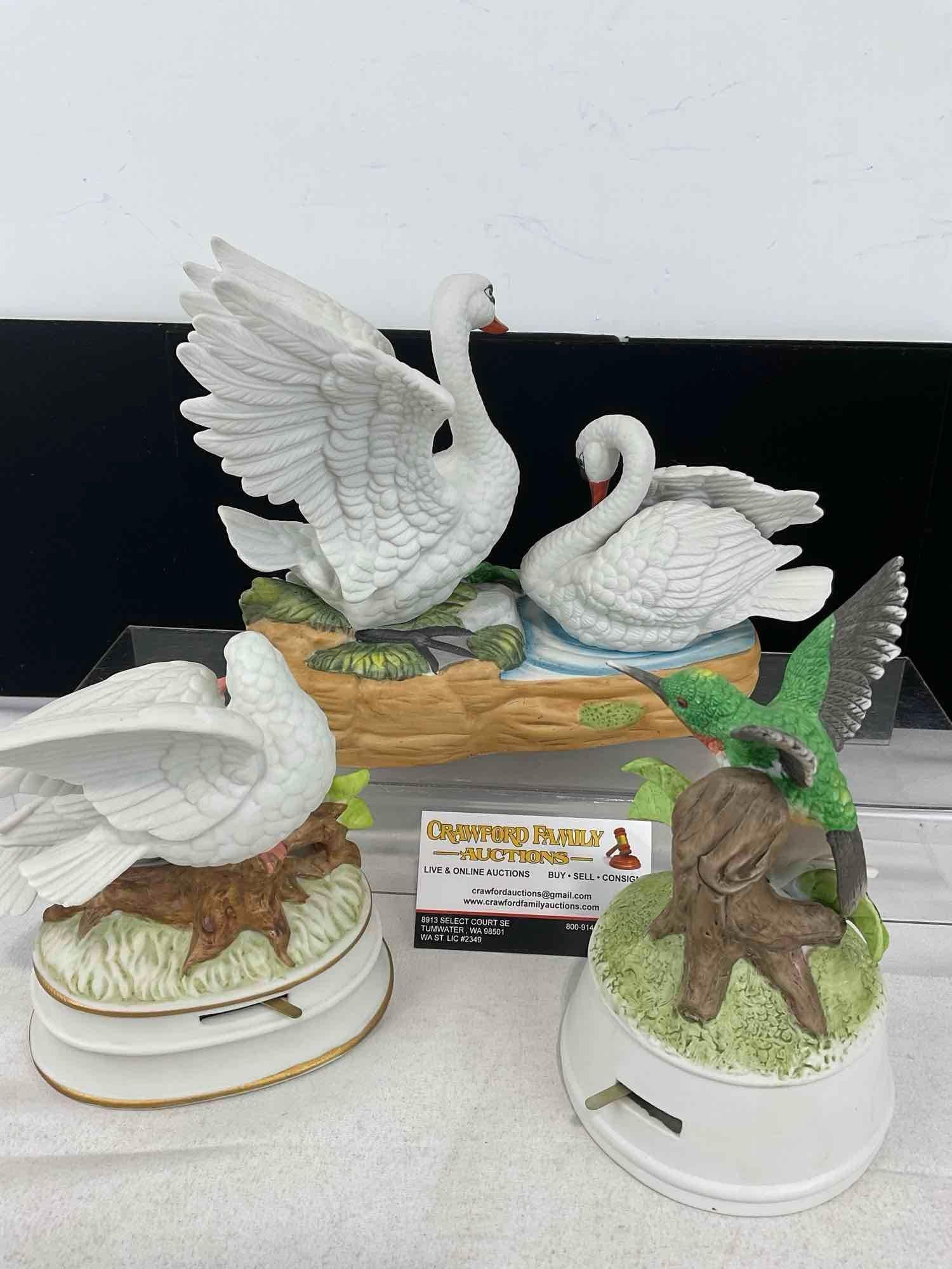 3 Bisque Porcelain Bird Music Boxes, Towle, Schmid, Doves, Hummingbirds, Geese - 5