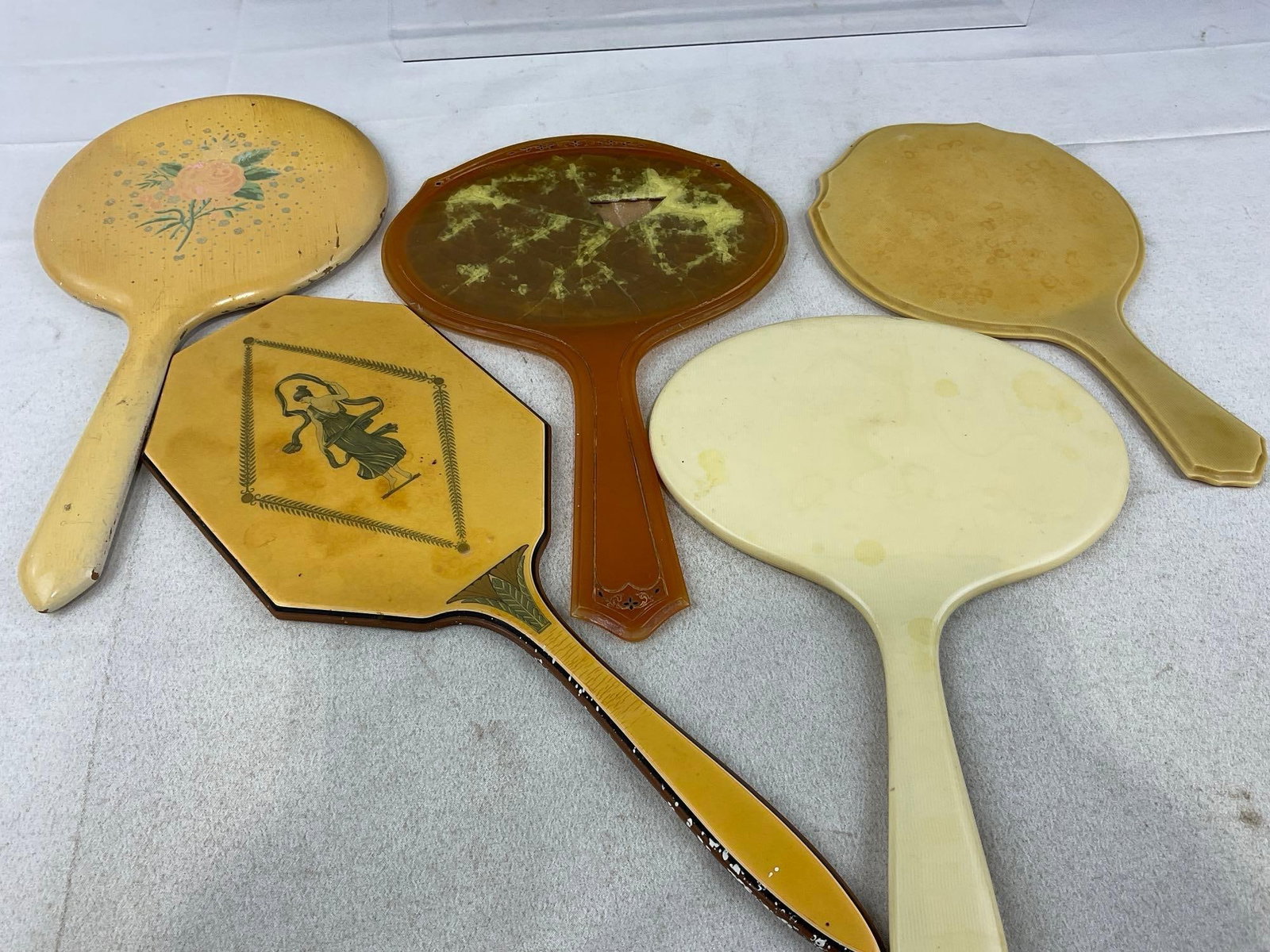 5 Vintage Hand Vanity Mirrors, 4 w/Pyraline Early Plastic cases, 1 Handpainted Wood - 3