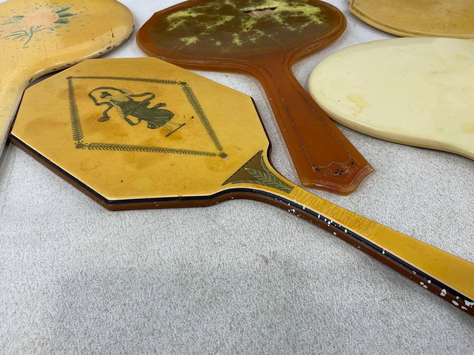 5 Vintage Hand Vanity Mirrors, 4 w/Pyraline Early Plastic cases, 1 Handpainted Wood - 6