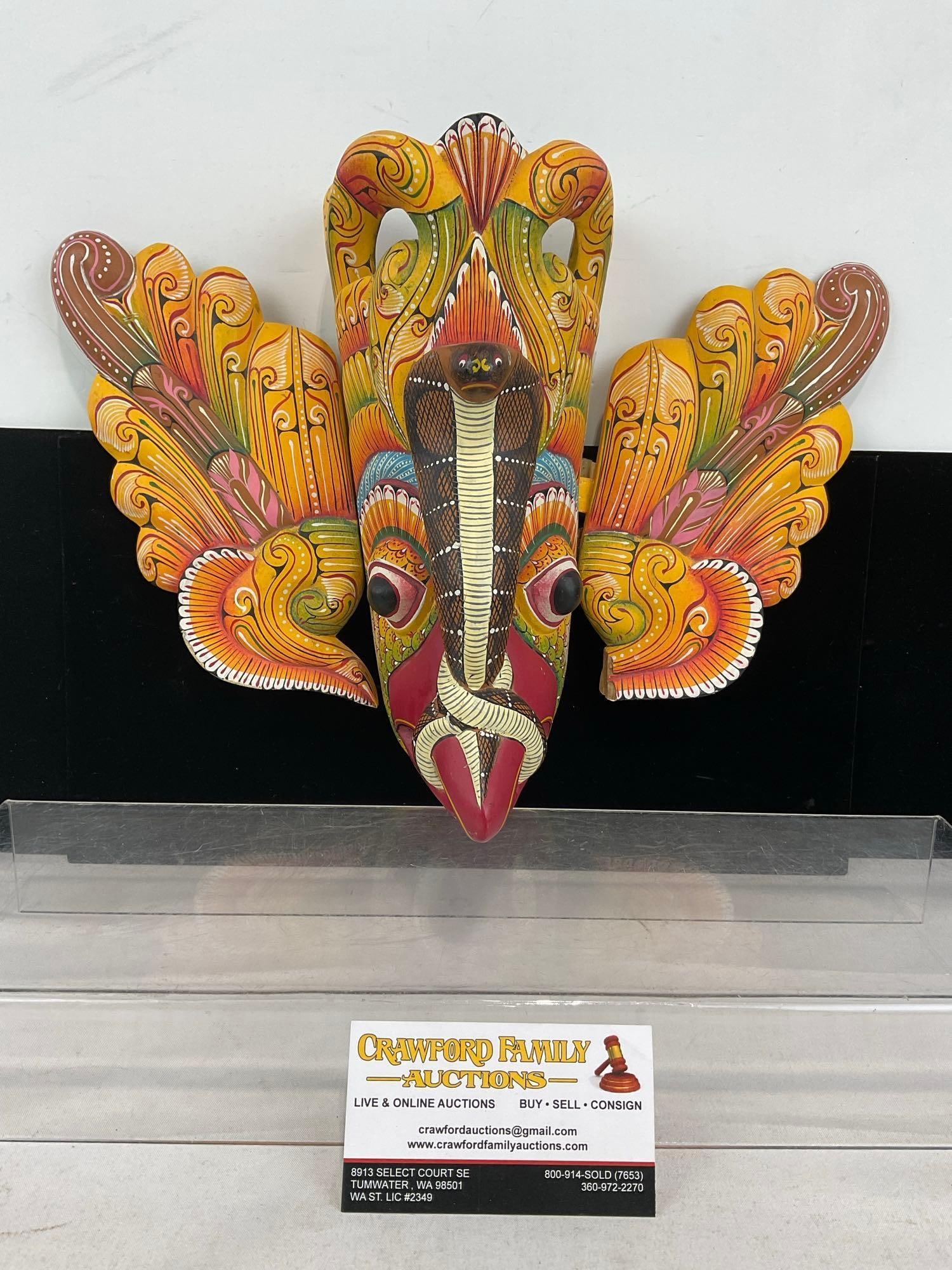 Vintage Sri Lankan Gurulu Raksha Mask, Carved Wood & Handpainted w/bright colors: Appears to be in good shape. The pieces fit in a box that measures approx 10h x 6w x 11d inches. See pics. E-6230