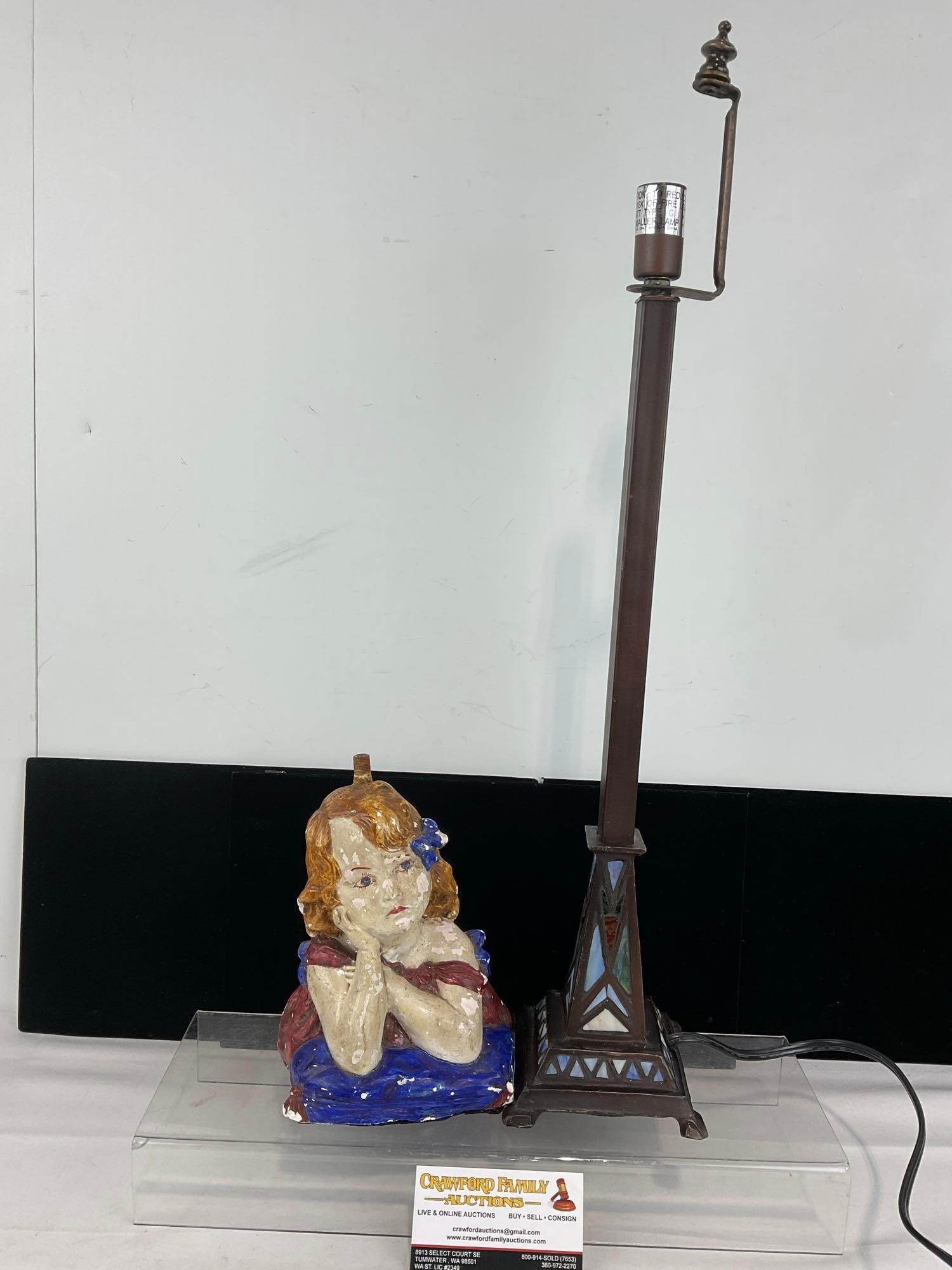 Tiffany Style Mission Lamp Base & Plaster/Chalkware Lamp Base: Appears to be in good shape. The pieces fit in a box that measures approx 6h x 22w x 12d inches. See pics. E-6230