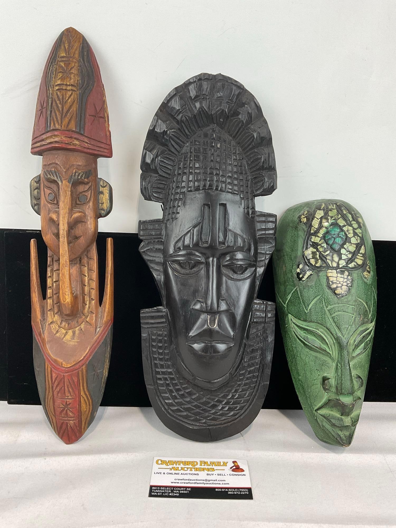 3 Carved Wooden Mask, Queen figure of Benin, 2x Pacific Island piece w/Turtle Feature & Longer pi...: Appears to be in good shape. The pieces fit in a box that measures approx 17h x 7w x 5d inches. See pics. E-6230