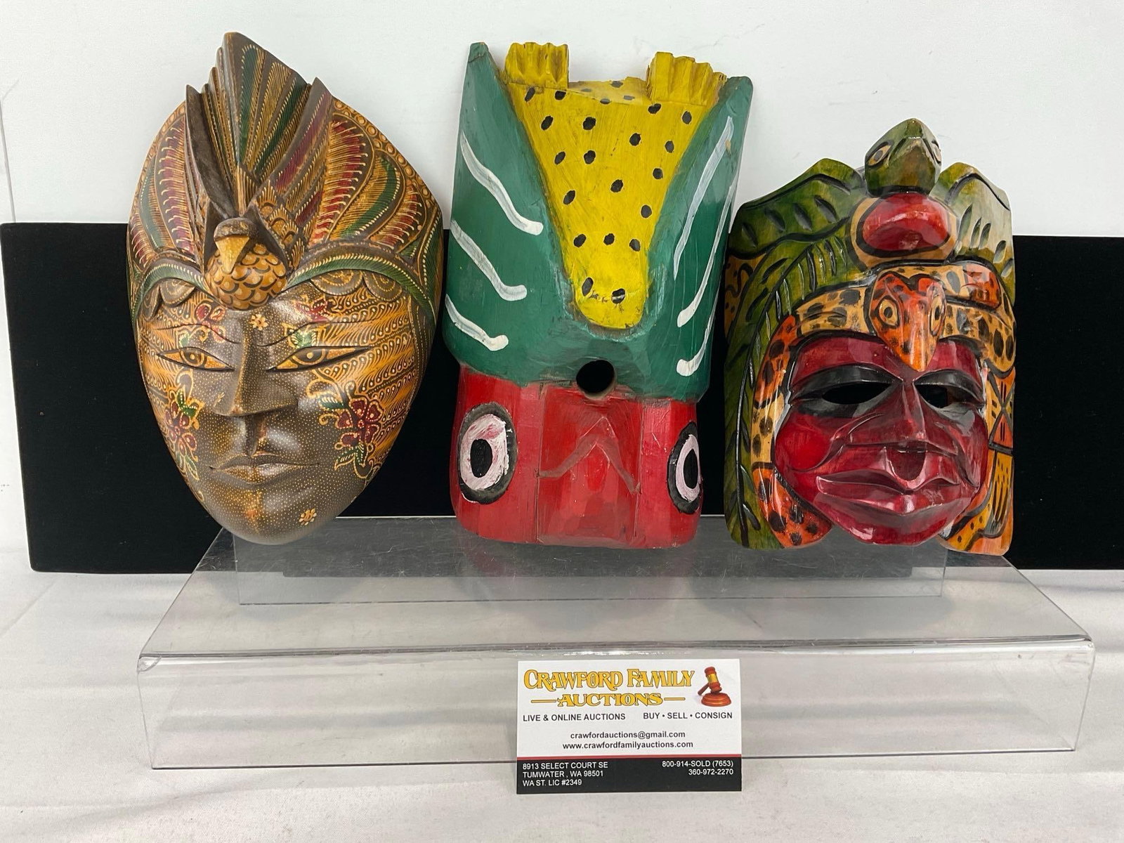 3x Carved Wooden Masks, Indonesian Javanese Batik style, 2x Guatemalan piece w/Jaguar details: Appears to be in good shape. The pieces fit in a box that measures approx 8h x 11w x 7d inches. See pics. E-6230