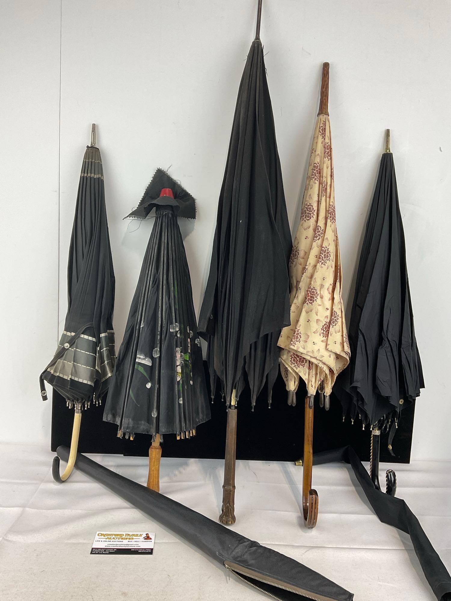 Set of 5 Vintage Umbrellas/Parasols, Bamboo piece, Nylon, Embroidered, & light chiffon style fabric (1 of 12)