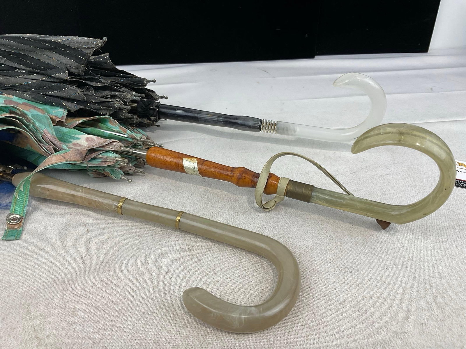 3 Vintage Umbrellas w/Lucite Handles, Blue, Retro Floral, & Black w/Metallic Blue/Silver - 3