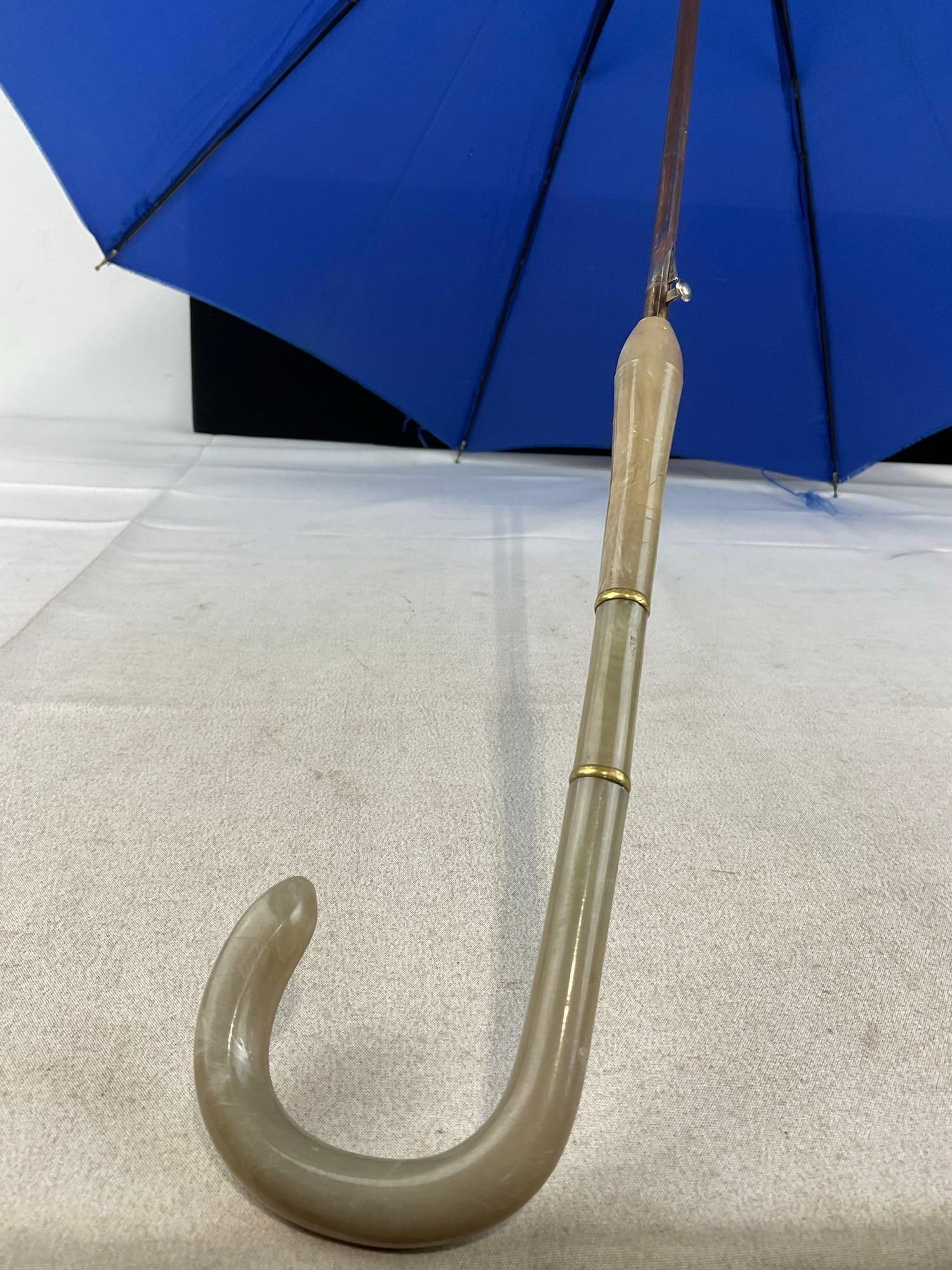 3 Vintage Umbrellas w/Lucite Handles, Blue, Retro Floral, & Black w/Metallic Blue/Silver - 8
