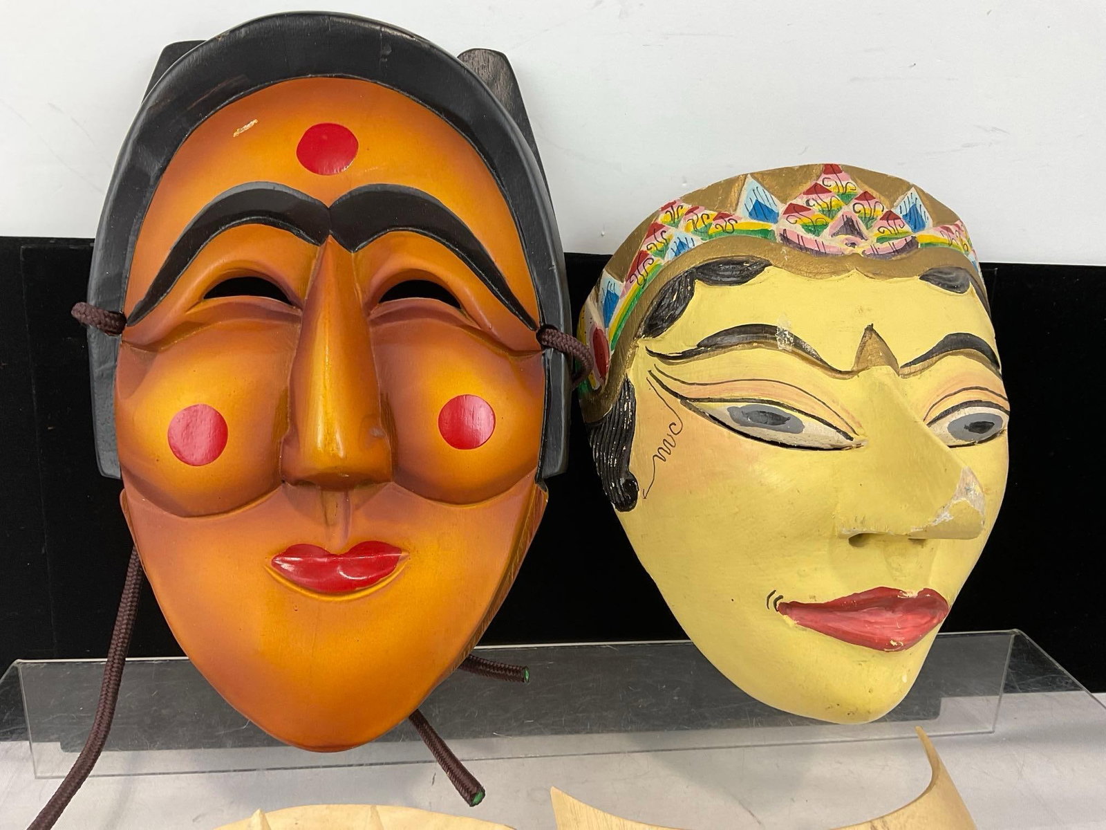 4 Carved Wood Asian Masks, Topeng Java Dance, 2 unfinished blonde wood & Korean Bune Hahoe Tal - 2