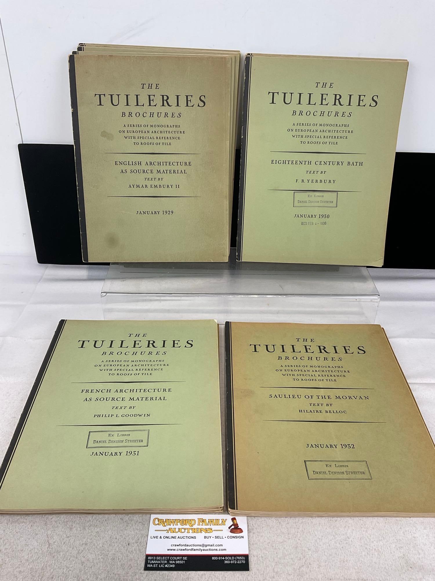 24 Issues of The Tuileries Brochures, European Architecture, Jan1929-Nov1932 by various designers: Appears to be in good shape, show some signs of age, and some surface wear. The pieces fit in a box that measures approx 12h x 9w x 4d inches. See pics. E-6230