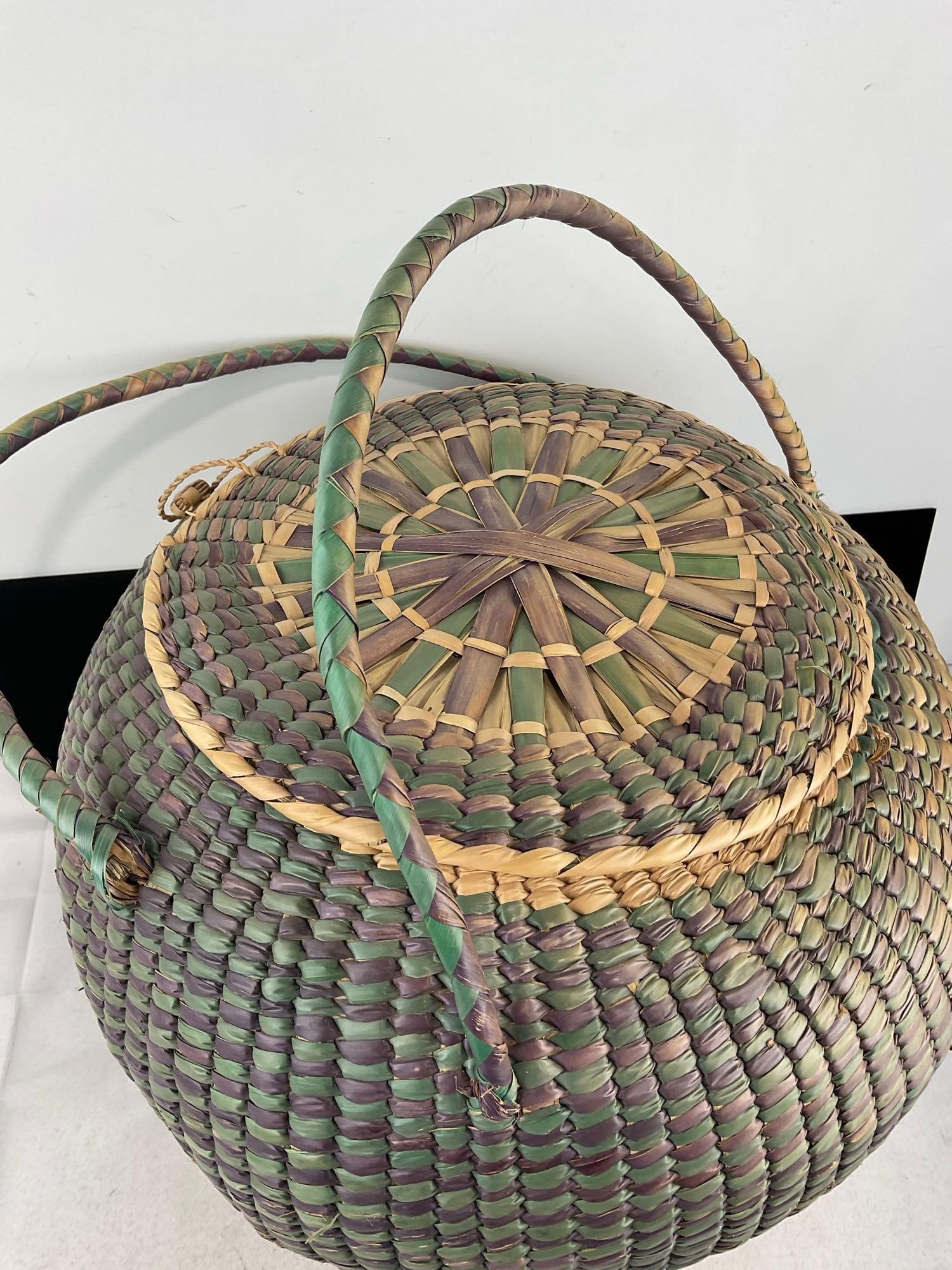 Large Lidded Handwoven Basket w/Handles, Blue & Purple pattern, approx 17x19x19 inches - 2