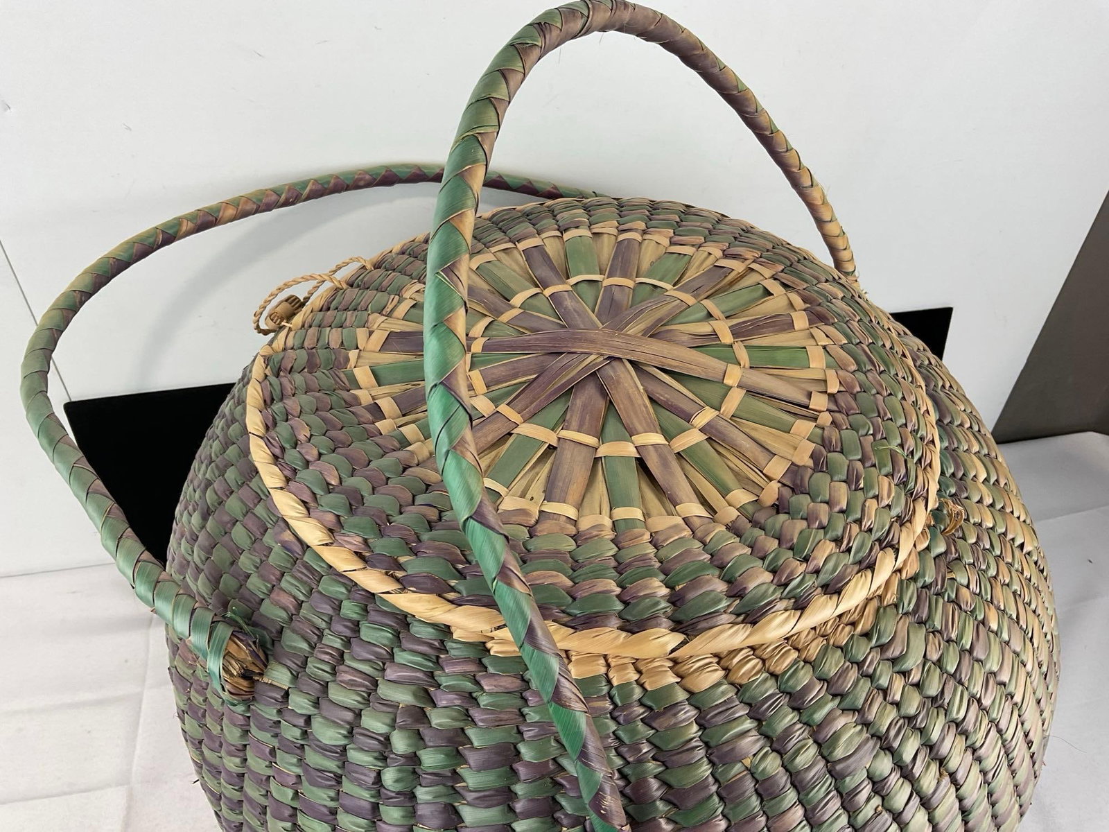 Large Lidded Handwoven Basket w/Handles, Blue & Purple pattern, approx 17x19x19 inches - 3