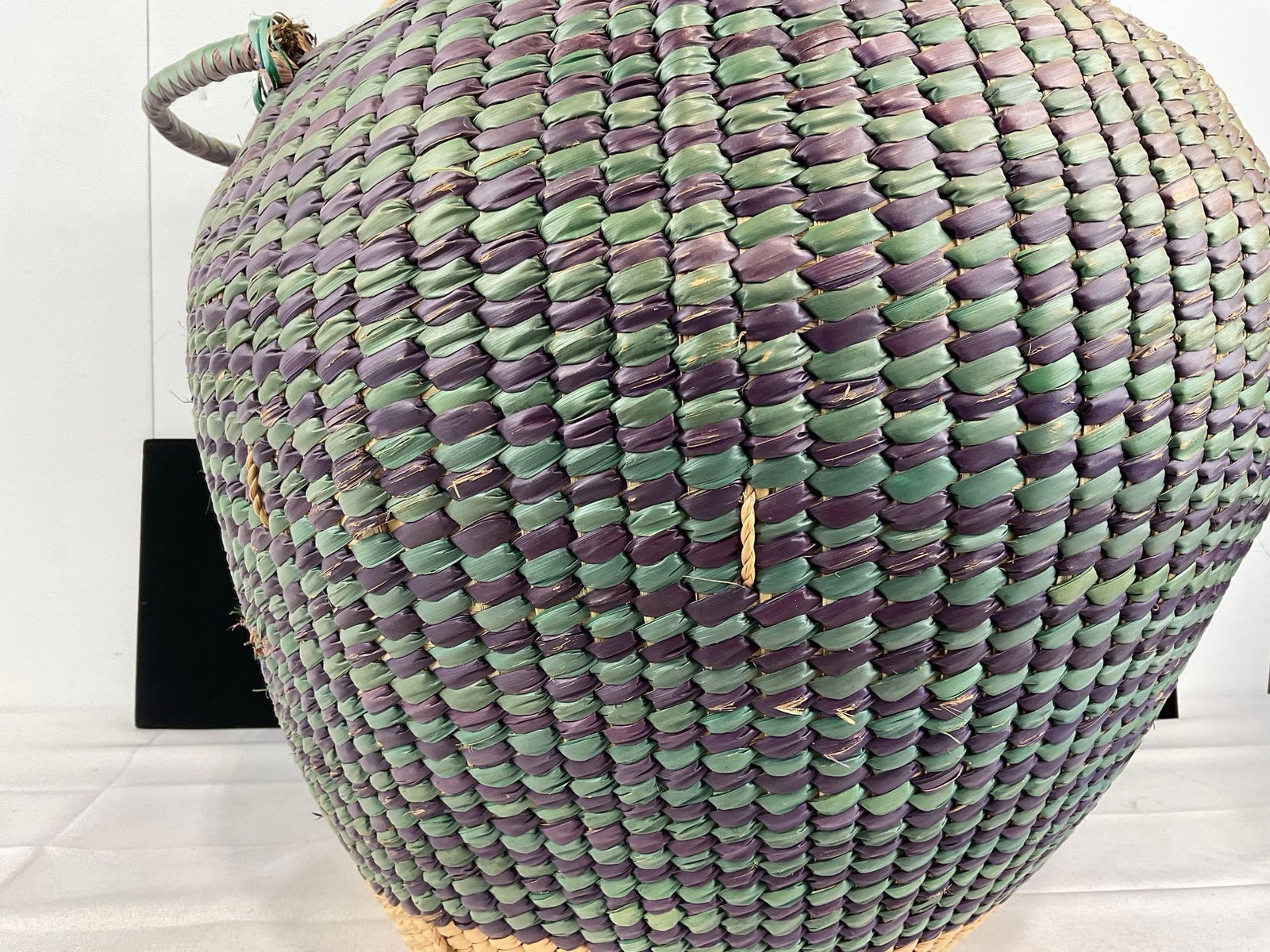 Large Lidded Handwoven Basket w/Handles, Blue & Purple pattern, approx 17x19x19 inches - 4