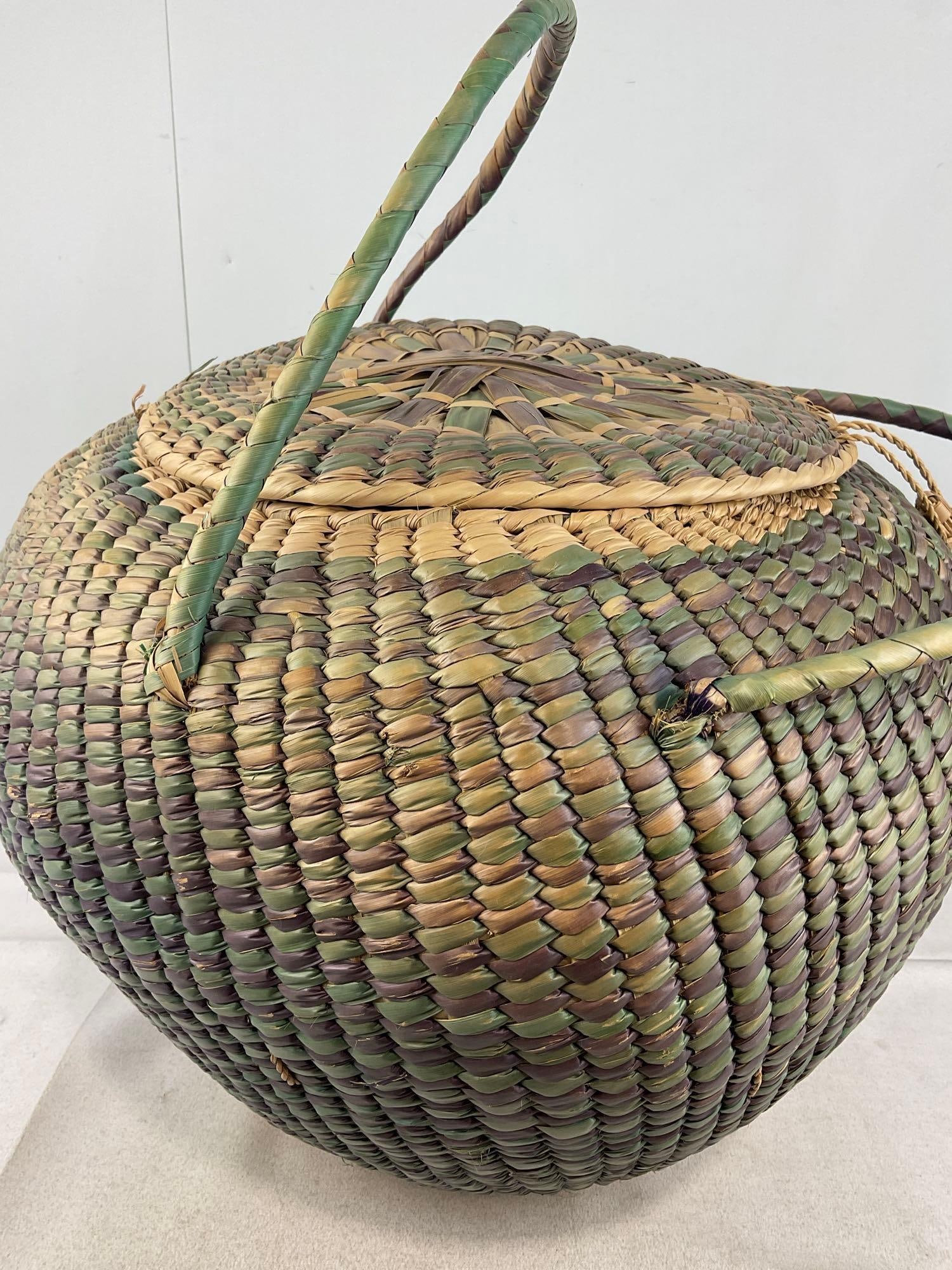 Large Lidded Handwoven Basket w/Handles, Blue & Purple pattern, approx 17x19x19 inches - 5