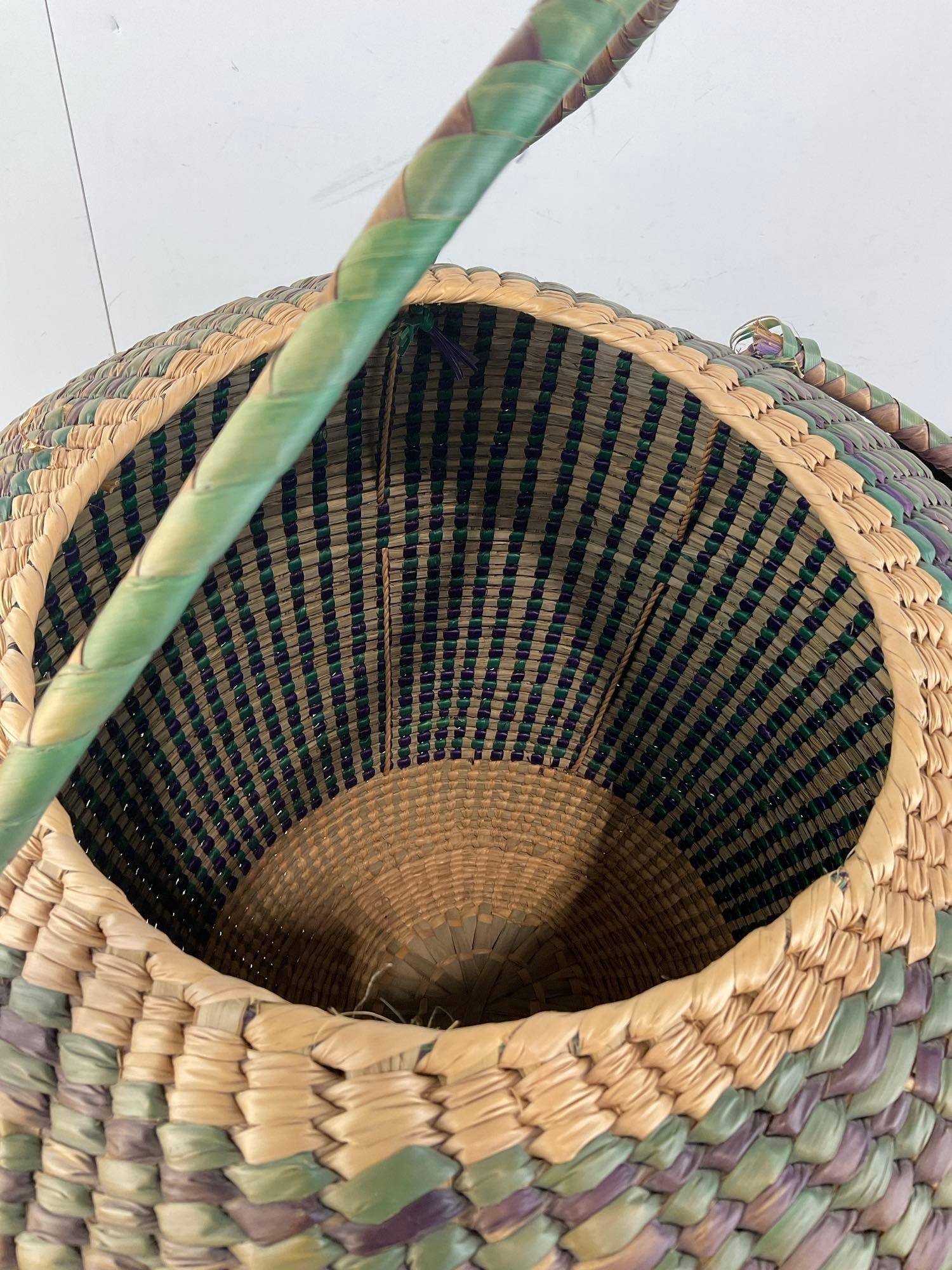 Large Lidded Handwoven Basket w/Handles, Blue & Purple pattern, approx 17x19x19 inches - 6